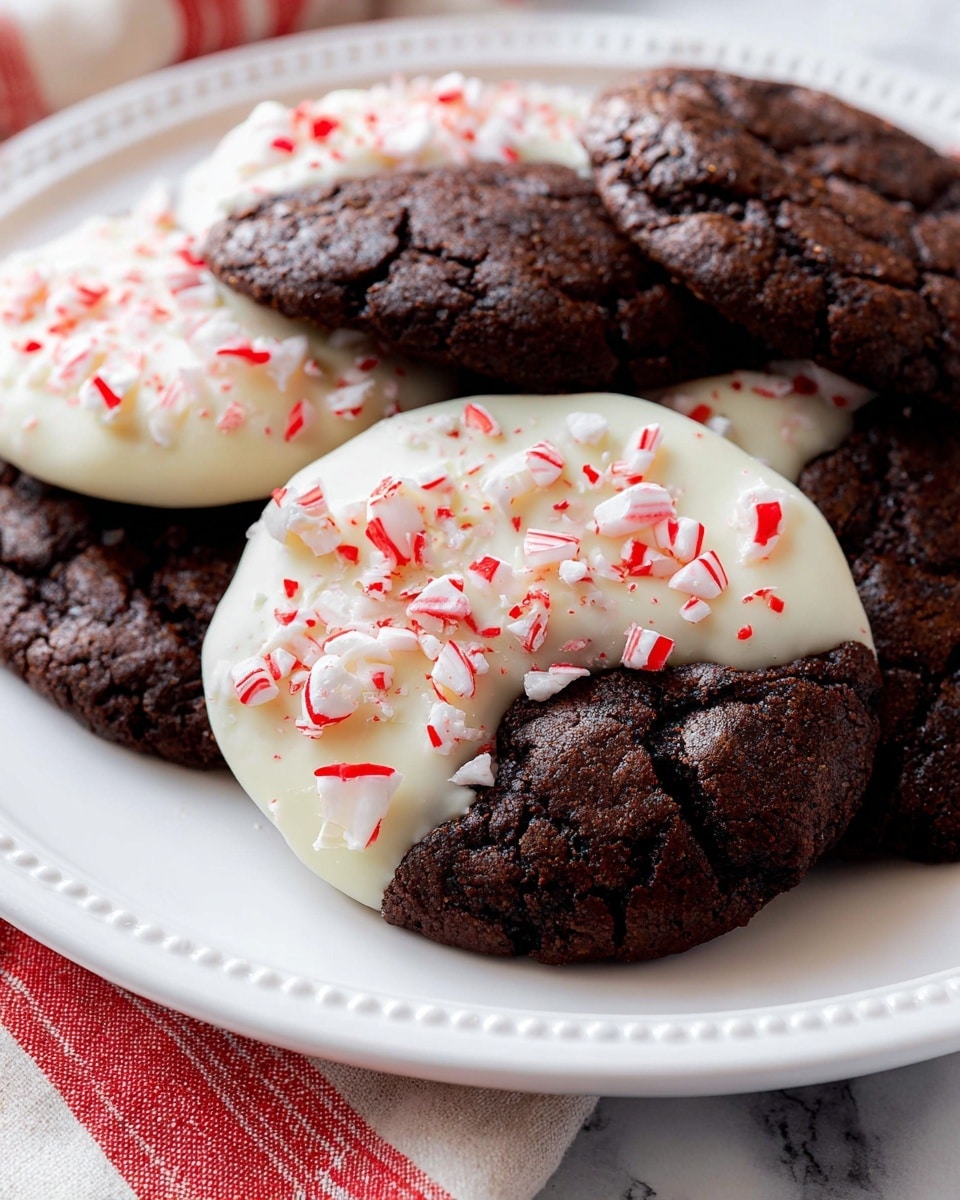 A close-up view of several dark brown chocolate cookies, each thick and cracked on top, arranged on a white plate with a raised edge. Half of each cookie is dipped in a smooth, creamy white coating, sprinkled generously with crushed red and white peppermint candy pieces. The cookies overlap slightly, showcasing their rich texture and the bright contrast of the white coating and vibrant peppermint bits against the deep chocolate base. The background is a white marbled texture with a hint of a red and white cloth underneath the plate. photo taken with an iphone --ar 4:5 --v 7