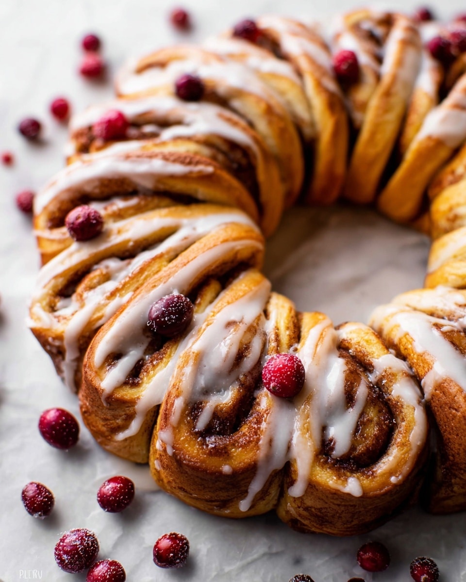 A ring-shaped cinnamon roll wreath is shown on a white marbled surface, featuring a single thick layer of soft, golden brown dough spiraled with a rich cinnamon-sugar filling. A thin layer of white glaze is drizzled unevenly over the top, creating a shiny, slightly melted texture. Scattered around and on the wreath are small bright red cranberries, adding pops of color against the warm tones of the cinnamon roll. The wreath pieces are closely placed in a circular form with visible individual rolls separated by slight gaps. Photo taken with an iphone --ar 4:5 --v 7