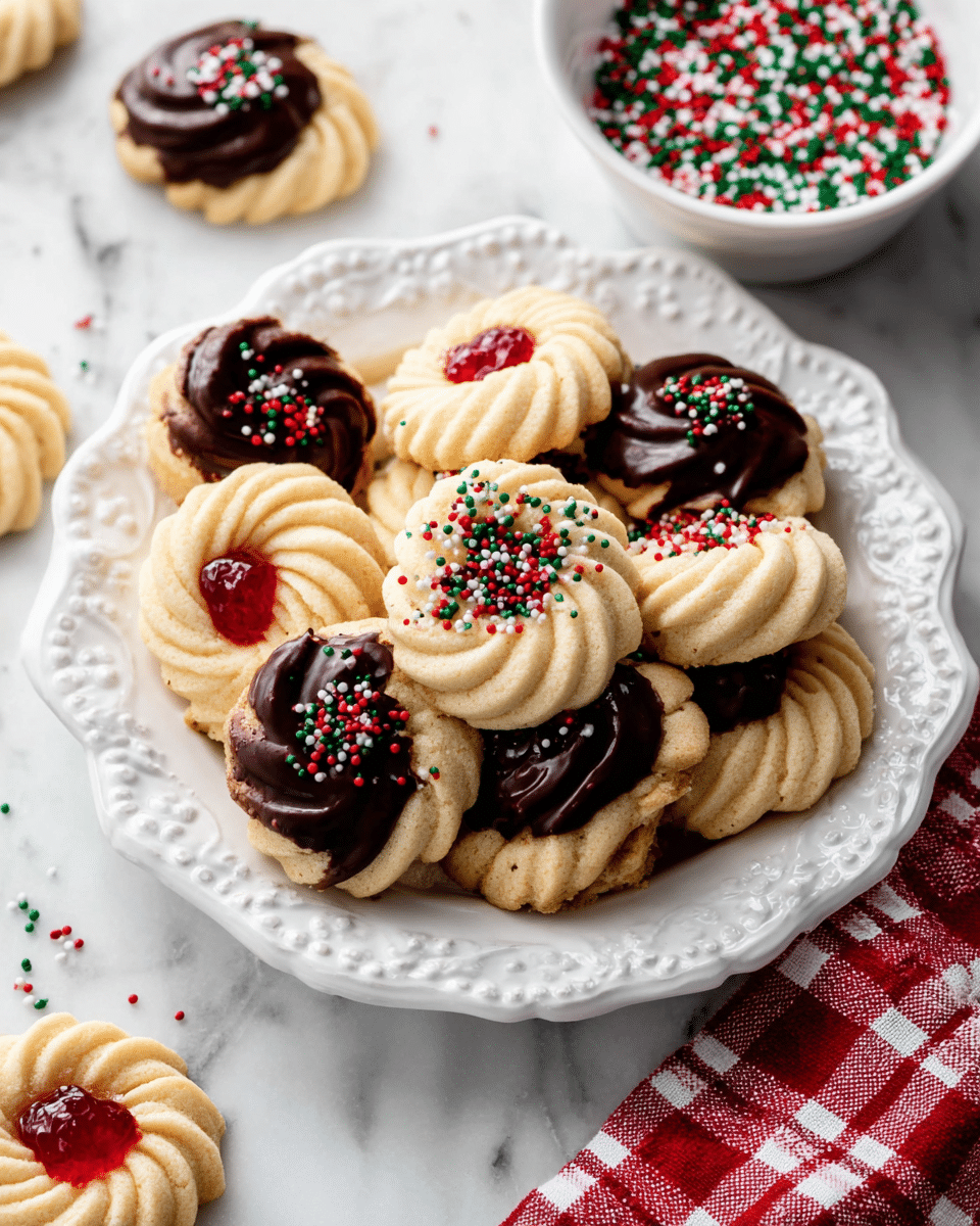 A white ornate plate holds a pile of round butter cookies with a spiral pattern. Most cookies are dipped halfway in dark chocolate topped with red, green, and white small round and stick sprinkles, while a few are plain or have a bright red jam center. Nearby, a small white scalloped bowl is filled with the same colorful Christmas-themed sprinkles. The cookies and bowl sit on a white marbled surface with a red and white checkered cloth partially visible in the corner. Photo taken with an iphone --ar 4:5 --v 7