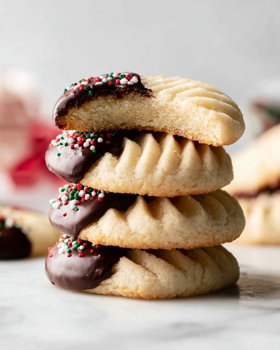 A stack of four round cookies sits on a white marbled surface, each cookie having a pale beige, soft texture with ridged pattern swirls on top. The edges of the cookies are lightly browned. The top cookie is broken in half, revealing a crumbly interior, and its top left side is dipped in glossy dark chocolate decorated with small round sprinkles in red, white, and green. The chocolate contrasts with the pale cookie. The background is softly blurred with hints of soft colors. photo taken with an iphone --ar 4:5 --v 7