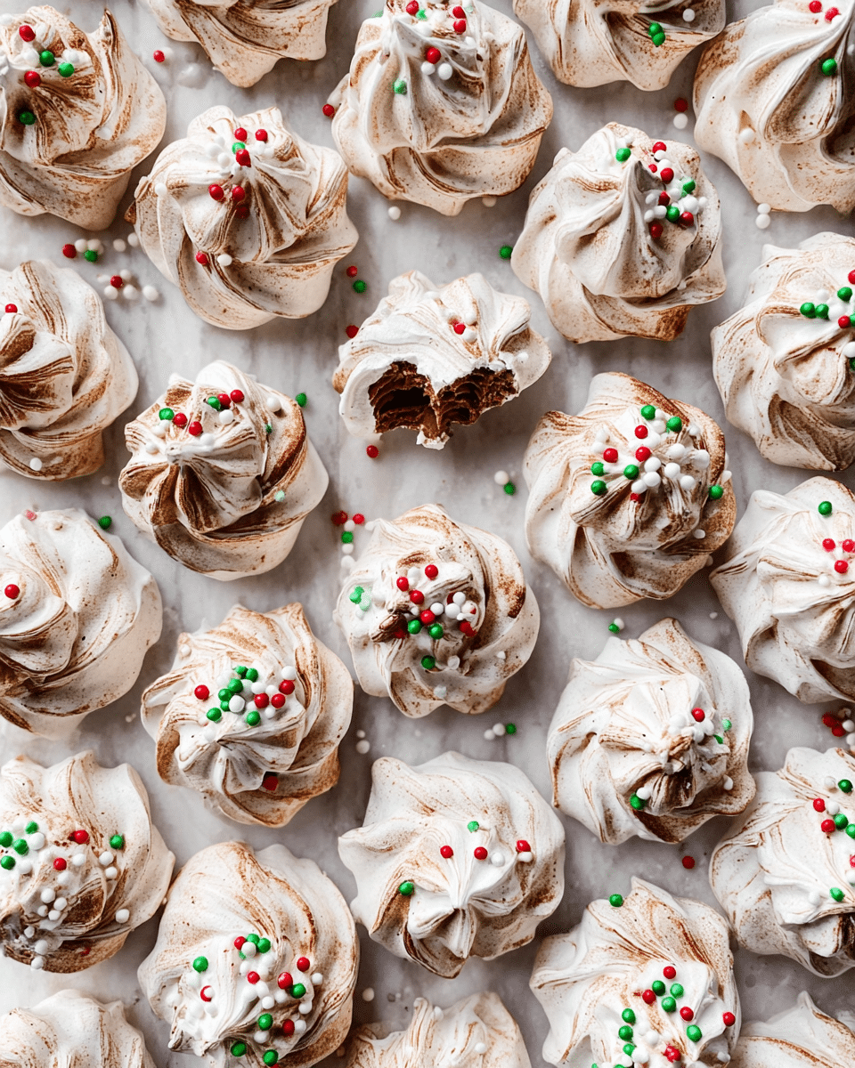 The image shows many small, round meringue cookies arranged closely on a white marbled surface. Each meringue has soft, swirled peaks with a mix of white and light brown colors, creating a marbled texture. Red, green, and white small round and flat sprinkles decorate the tops of many cookies, adding tiny pops of color. One meringue in the middle is broken open, showing a light, airy inside with a darker chocolate layer inside. The cookies are uniformly sized and closely packed in rows, creating a neat and festive look. Photo taken with an iphone --ar 4:5 --v 7