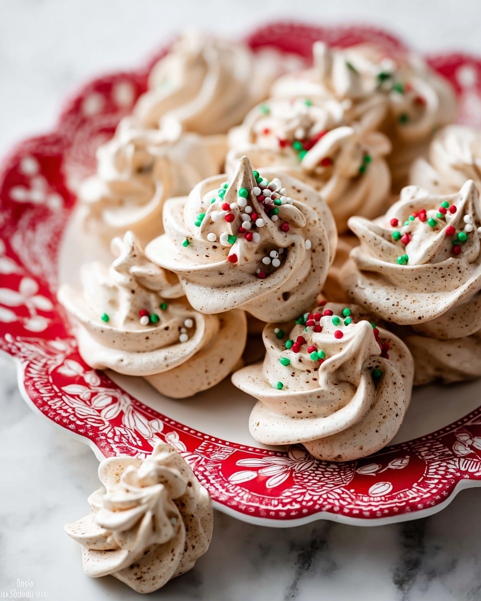 The image shows a close-up of several light brown meringue cookies with swirled, piped shapes that have a soft, airy texture. Each cookie is topped with small red, green, and white round sprinkles. The cookies rest on a white plate with a red decorative edge and white leaf patterns, placed on a white marbled surface. Two cookies are positioned just outside the plate on the surface, showing the details of the swirls and colorful sprinkles clearly. photo taken with an iphone --ar 4:5 --v 7