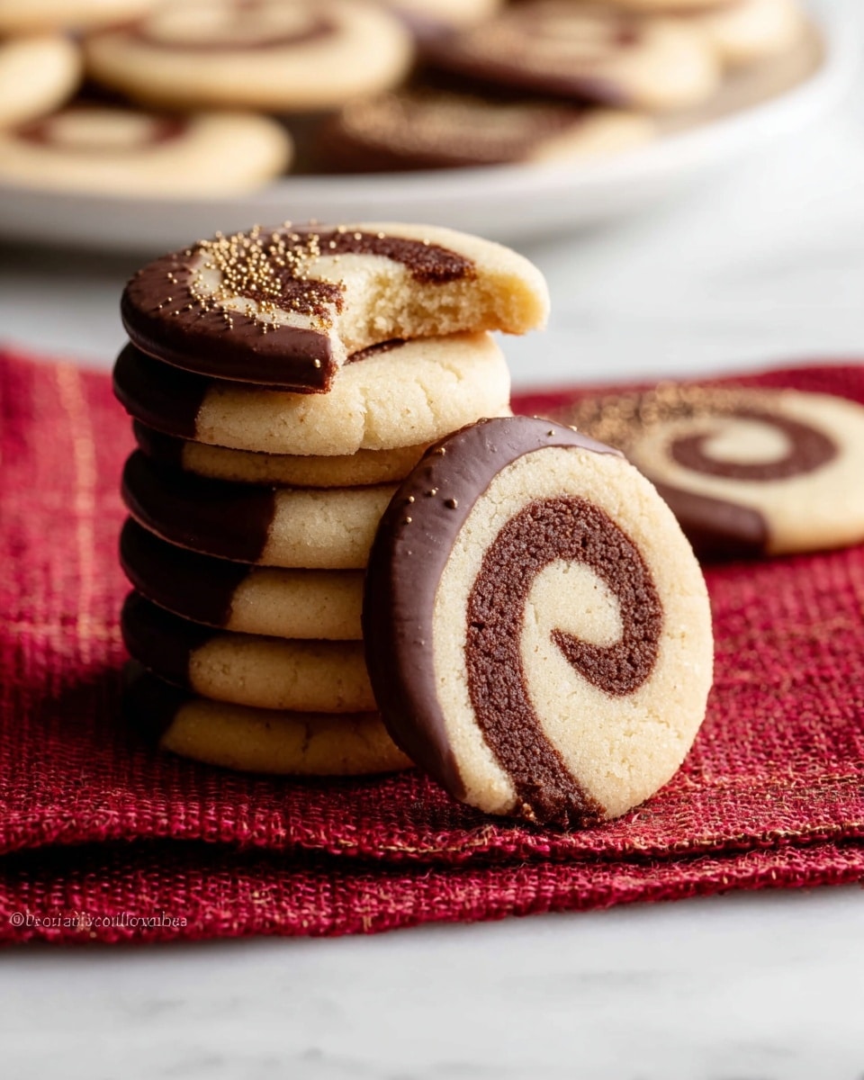 A close-up of a stack of round pinwheel cookies with two main layers: the outer layer is light beige and the inner swirl is a rich chocolate brown, creating a spiral pattern. The top cookie on the stack is dipped halfway in dark chocolate, sprinkled lightly with small golden specks. Beside the stack, one cookie leans on the pile, showing a bite taken out, revealing a soft and crumbly texture inside. The cookies rest on a folded red cloth with a simple weave, placed on a white marbled surface. The background is softly blurred with more cookies on a white plate in the distance. Photo taken with an iphone --ar 4:5 --v 7