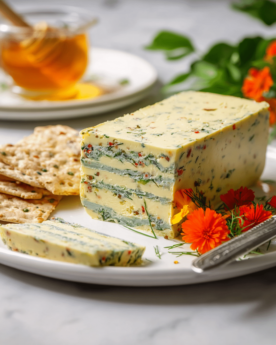 A rectangular block of pale yellow layered herb butter sits on a white plate, showing multiple thin layers inside with green herbs and small red pieces embedded throughout. The butter has a smooth and slightly glossy texture with visible dill or similar herbs mixed in. Around the butter block, there are speckled beige crackers in the background, bright orange edible flowers near the side, and a glass dish of golden honey with a white stick beside it in the foreground. A silver butter knife lies flat across the plate near the butter, with a thin slice of the herb butter resting on the plate’s edge. The setting is on a white marbled texture surface with blurred green leaves in the background. photo taken with an iphone --ar 4:5 --v 7