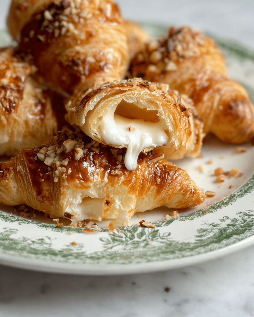 The image shows several golden-brown croissants on a white plate with a green floral pattern, placed on a white marbled surface. The croissants have a shiny, flaky crust with chopped nuts sprinkled on top, adding texture and a bit of crunch. One croissant is broken open at the front, revealing a creamy white filling oozing out smoothly, contrasting with the crispy outer layer. The overall look is warm and inviting, with close focus on the front croissant and the others softly blurred in the background. photo taken with an iphone --ar 4:5 --v 7