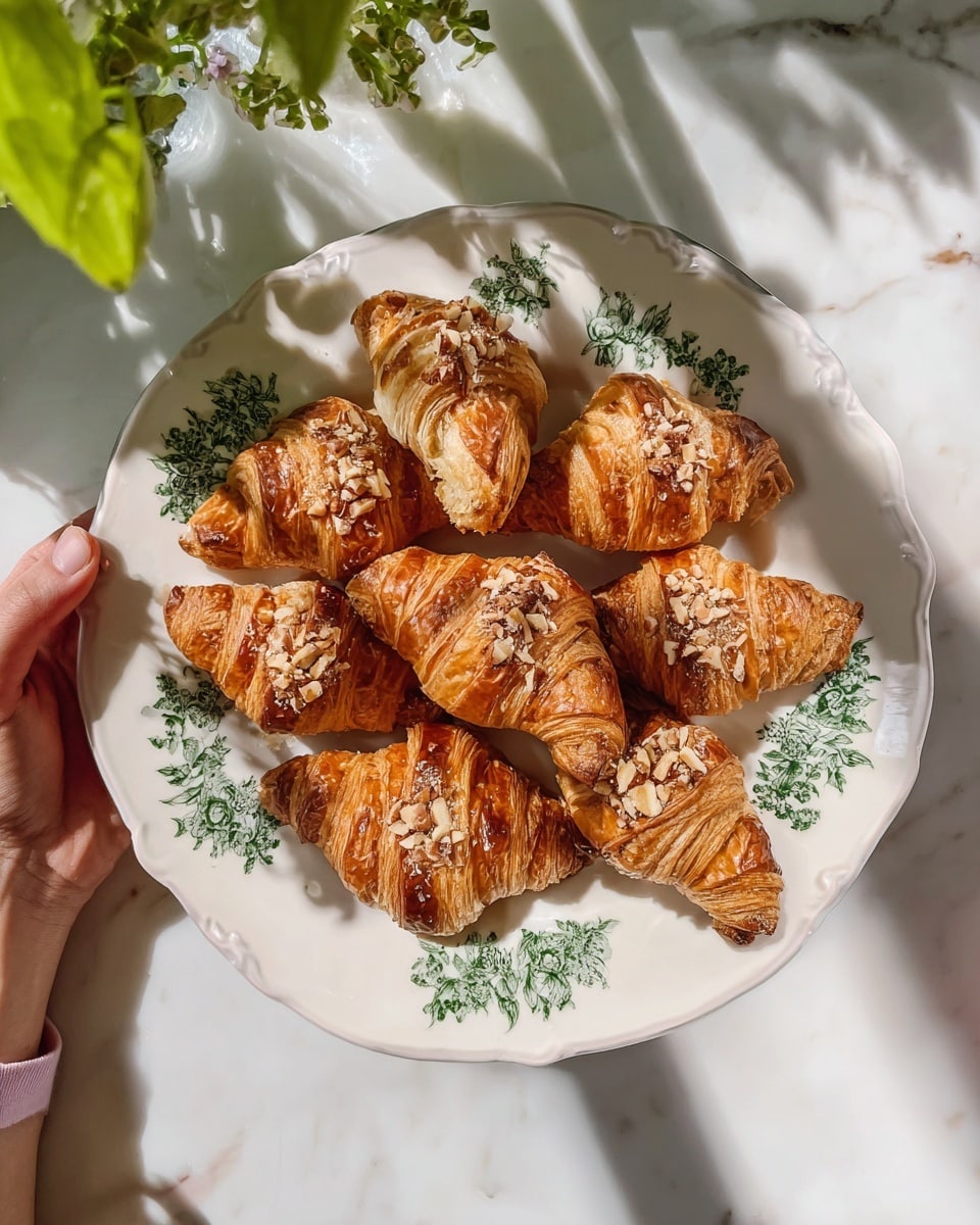 A white plate with green floral designs holds eight golden brown croissants arranged in a circular pile. Each croissant has a flaky texture with some topped with chopped nuts that add a crunchy look on the glossy, baked surface. The plate is being held gently from below by a woman's hand on the left and her fingers rest near the edge on the right side. The plate rests on a white marbled surface with a shadow pattern crossing part of it. There are some green leaves peeking into the top corners of the image, adding a fresh touch. photo taken with an iphone --ar 4:5 --v 7