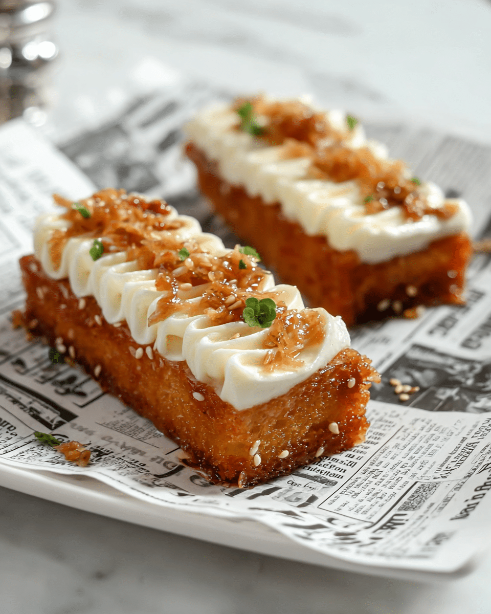 The image shows six rectangular pieces of golden brown cake arranged neatly on white parchment paper placed on a shiny silver tray. Each cake piece has a layer of smooth white frosting on top, piped in parallel lines running across the length. There are small green herb sprinkles scattered evenly over the frosting, adding a touch of color and texture. The cakes look moist with a slightly crispy edge. In the background, there is a blurred dark bottle with a vanilla label and a white marbled surface under the tray. photo taken with an iphone --ar 4:5 --v 7