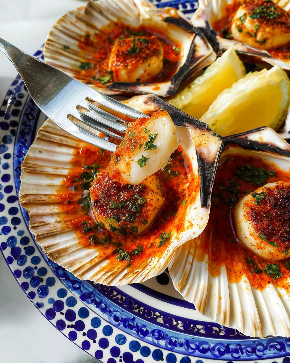 The image shows several scallops served in their shells, each shell appearing off-white with natural ridges and slightly charred edges. Each scallop is topped with a round, browned seared cap, covered in a bright reddish-orange sauce with green herb bits sprinkled on top. One scallop near the center is pierced by a silver fork holding a juicy, tender white scallop piece. Behind the shells, there are lemon wedges with a fresh yellow color. The scallops are placed on a white marbled surface that frames a white plate with blue and dark blue intricate dotted patterns along the rim. The whole presentation is bright and colorful, showing textures of sauce, lightly charred shells, and tender scallops. Photo taken with an iphone --ar 4:5 --v 7