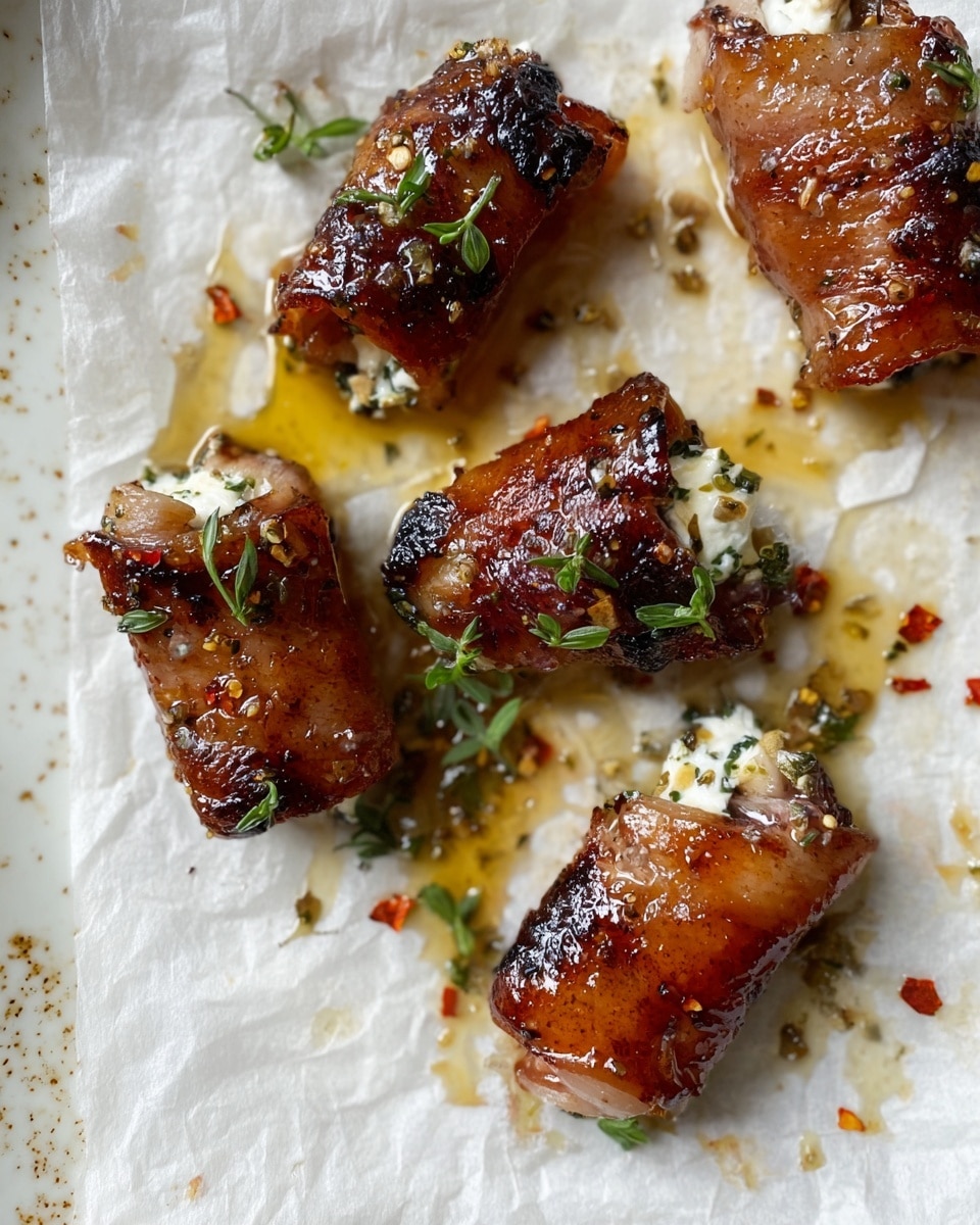 Four small, browned pieces of cooked meat wrapped around a white creamy filling are laid on a piece of white, slightly wrinkled parchment paper. The meat has a shiny, caramelized glaze with dark charred edges. Tiny green herb leaves and red chili flakes are sprinkled on top, adding color contrast. The parchment paper rests on a plate with a white marbled texture showing soft grey veins. Drops of golden oil and small bits of seasoning glisten around the rolls. photo taken with an iphone --ar 4:5 --v 7