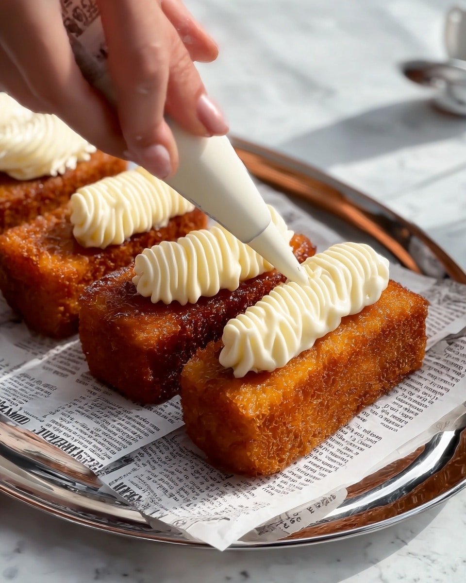 A close-up view shows a woman's hand gently holding a rectangular, golden-brown fried cake on a white plate lined with newspaper text. The cake has a crunchy, textured surface with a crispy, caramelized color. On top, a thick white cream is being piped in a wavy pattern from a bag, creating a smooth, soft layer contrasting with the crunchy base. Around it, there are three more similar golden fried cakes arranged neatly on the white plate, all placed on a shiny silver tray. The background has a white marbled texture. Photo taken with an iphone --ar 4:5 --v 7
