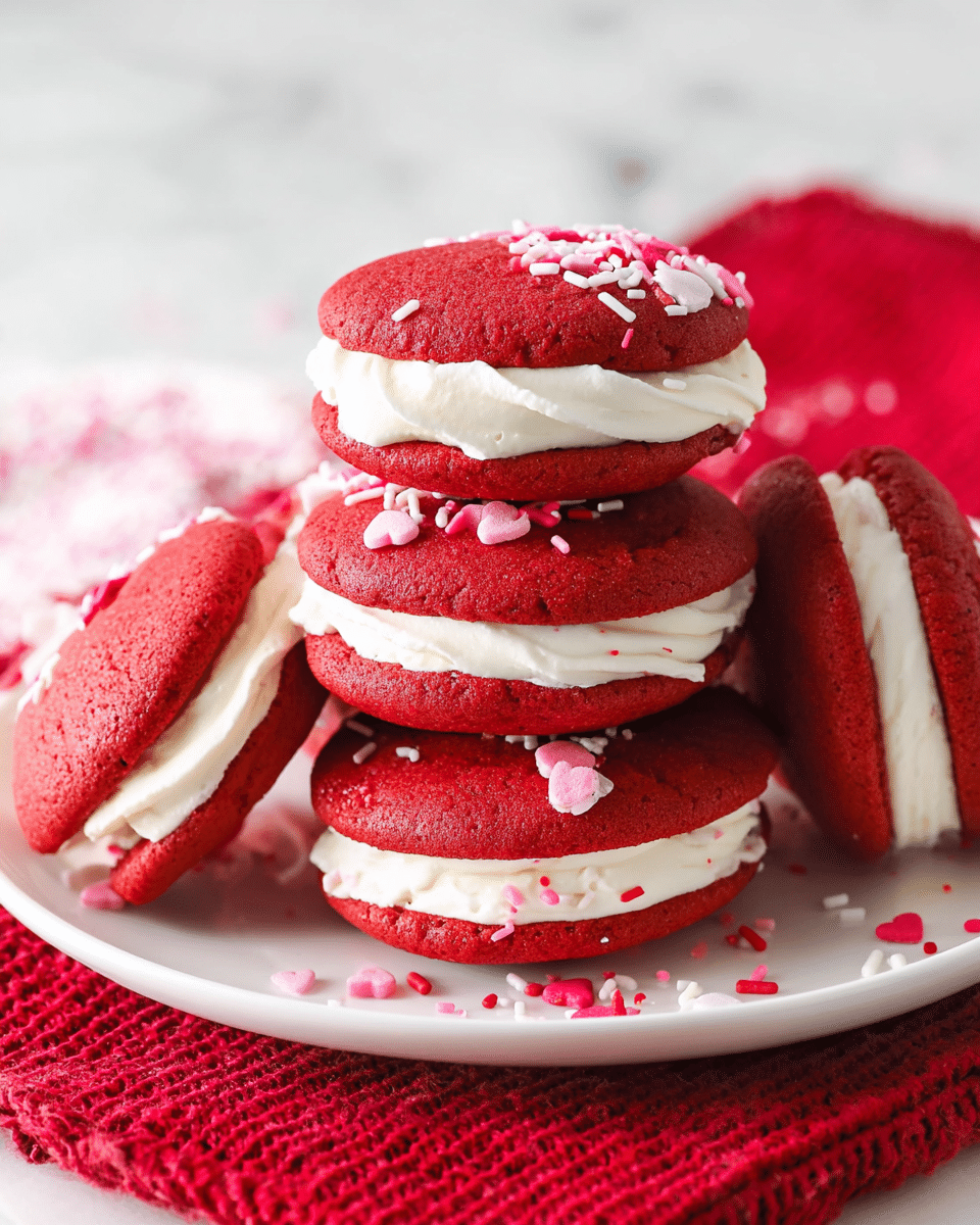 A stack of bright red whoopie pies is displayed on a white plate, each sandwiching a thick layer of smooth white cream filling. The cream is decorated with small red, pink, and white heart-shaped sprinkles that cling to the edges. The red cake layers are soft and round with a slightly textured surface, and the pies are slightly stacked unevenly for a casual look. The whole scene is set on a white marbled texture with a red woven cloth adding contrast underneath the plate. photo taken with an iphone --ar 4:5 --v 7