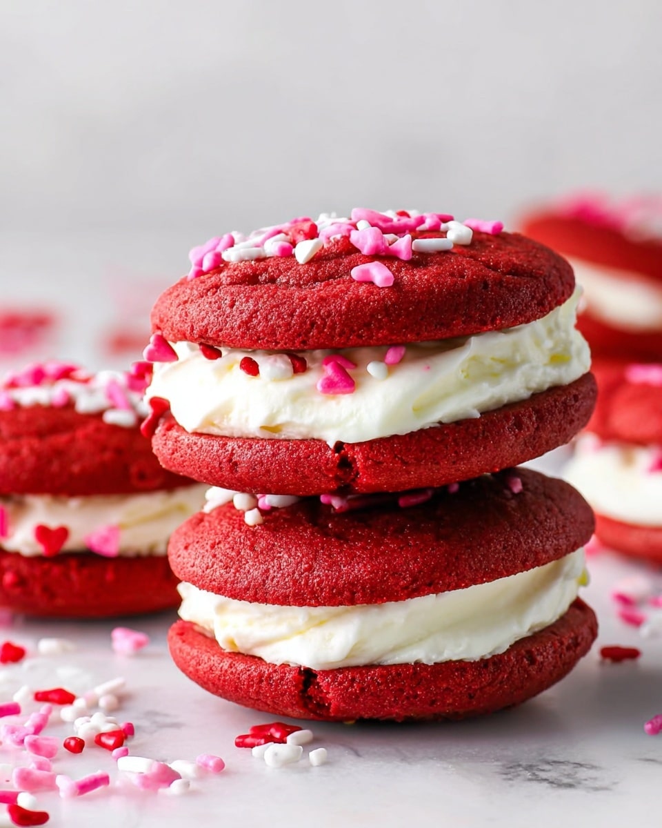 A stack of three red whoopie pies is shown on a white marbled surface. Each whoopie pie has two bright red soft cookies as the top and bottom layers, and a thick middle layer of smooth, creamy white frosting decorated with small heart-shaped pink, red, and white sprinkles around the edges. Some extra heart sprinkles are scattered on the surface around the stack. The texture of the cookies looks slightly moist and soft. The image is close up, focusing on the whoopie pies with a soft, clean background. photo taken with an iphone --ar 4:5 --v 7