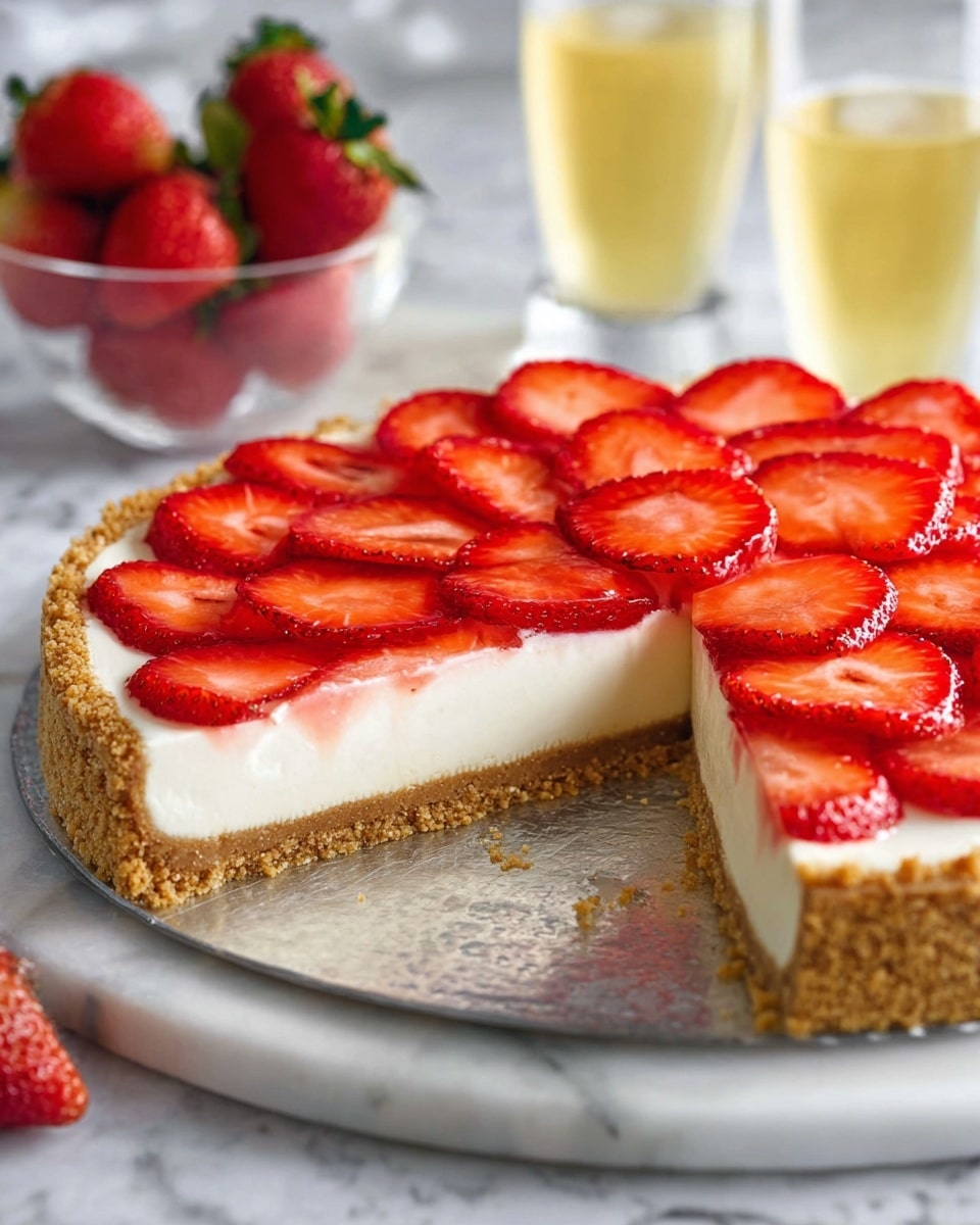 A sliced strawberry tart is shown with three clear layers: a golden brown crumb crust at the bottom, a thick, smooth white cream layer in the middle, and a top layer of thinly sliced, bright red strawberries arranged neatly in overlapping circles. The tart rests on a silver round tray that is placed on a white marbled texture. In the background, there is a clear bowl filled with whole strawberries and two glasses with a yellow drink, all blurred softly. Photo taken with an iphone --ar 4:5 --v 7