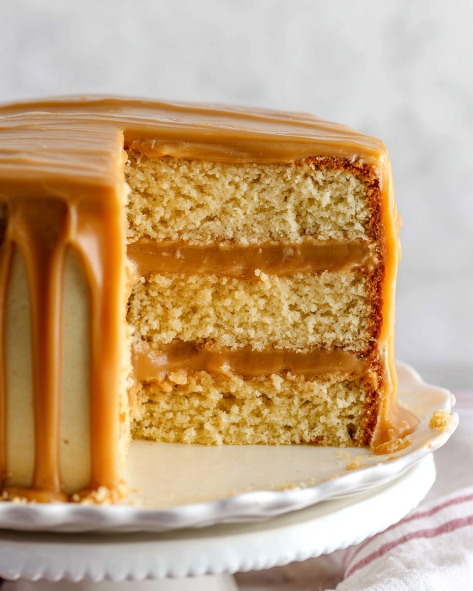 The image shows a close-up of a tall, three-layer vanilla cake with light golden crumb. Between each layer, there is a smooth caramel-colored frosting, which also covers the entire outside of the cake in a thick, even layer. The cake sits on a white plate with a scalloped edge, resting on a white marbled surface. The texture of the cake looks soft and moist, while the caramel frosting is glossy and creamy, slightly dripping at the edges. Photo taken with an iphone --ar 4:5 --v 7