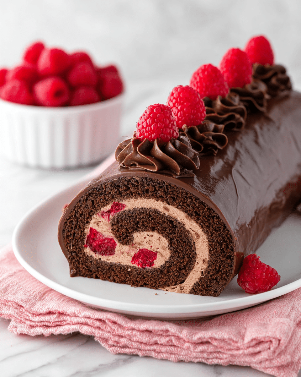 A chocolate roll cake is shown on a white plate, placed on a folded pink cloth over a white marbled surface. The cake has three visible layers: a dark chocolate sponge cake on the outside, a light chocolate mousse filling inside, and a thin layer of bright red raspberry jam between the sponge and mousse. The outside is coated with a smooth, shiny dark chocolate ganache. The top is decorated with swirls of chocolate cream piped along the length, topped with fresh bright red raspberries. In the background, there is a white bowl filled with more raspberries, slightly out of focus. photo taken with an iphone --ar 4:5 --v 7