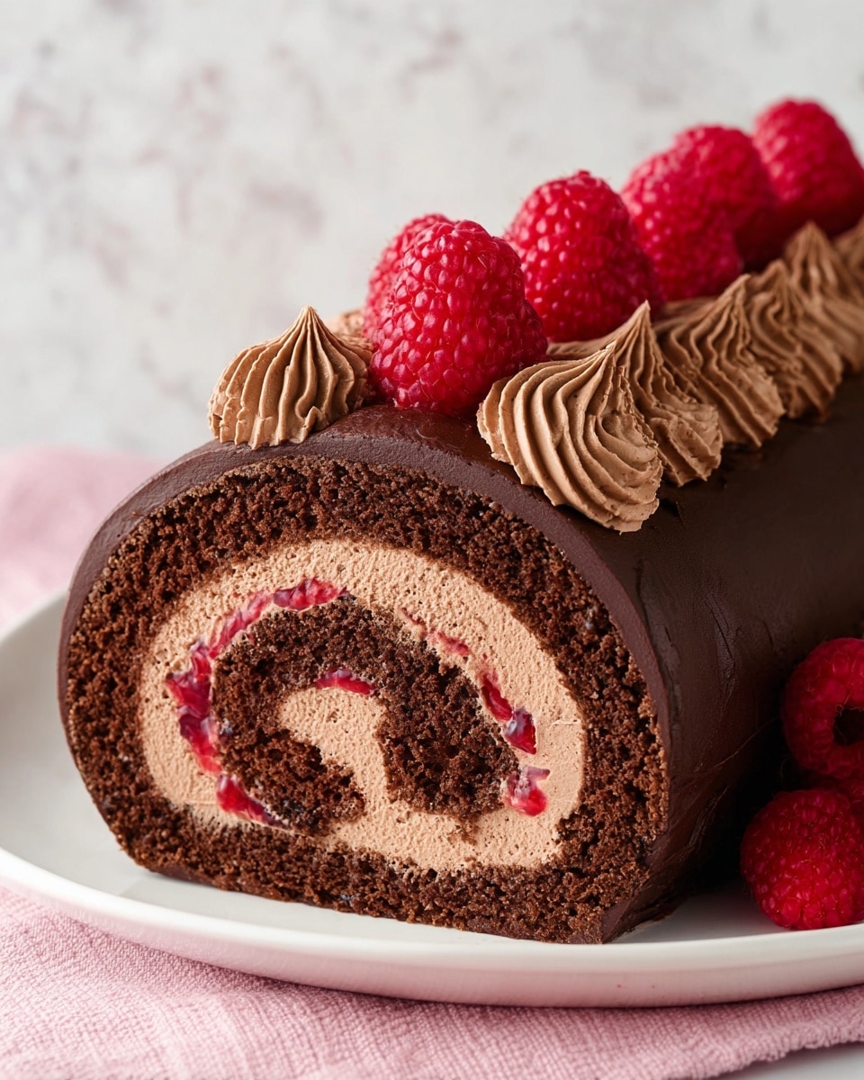 A chocolate roll cake is shown sliced on a white plate over a pink cloth, with a white marbled texture background. The cake has four visible layers: the outermost layer is a dark, smooth chocolate ganache coating, inside it is a soft, moist dark brown chocolate sponge cake rolled around. Next is a swirled layer of light brown chocolate mousse mixed with a bright red raspberry jam layer, creating a colorful contrast. On top of the roll, there is a thick, piped layer of light brown chocolate cream with a textured, swirled pattern in a row, each topped with a whole fresh red raspberry, which look bright and fresh. Photo taken with an iphone --ar 4:5 --v 7