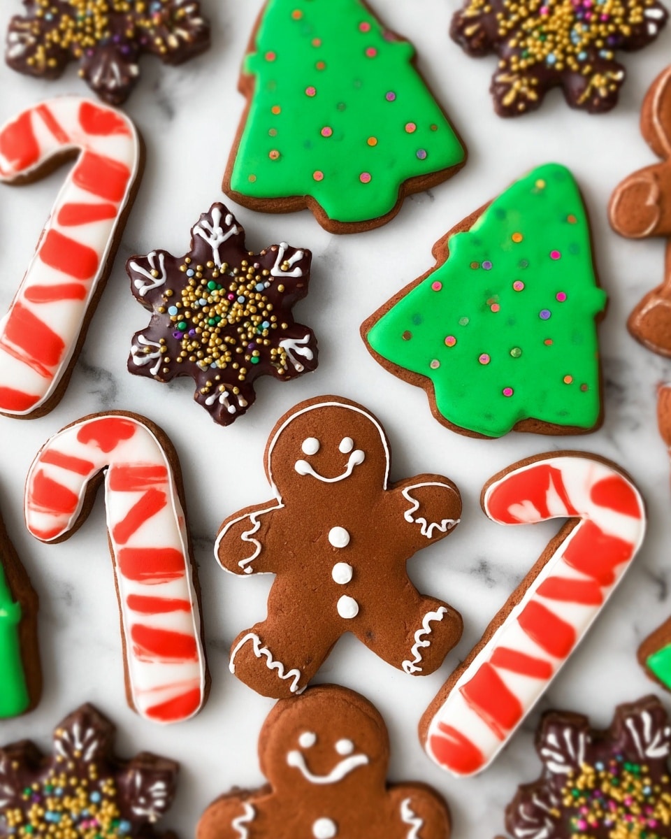 This image shows an assortment of Christmas-themed cookies on a white marbled surface. There are gingerbread man cookies with a smooth brown base layer, green icing buttons, and simple white icing smiles and eyes. The Christmas tree-shaped cookies have a dark brown base layer with a bright green icing top, decorated with small round multicolored sprinkles and a brown icing trunk. Candy cane cookies have a dark brown base with red and white alternating stripes in a smooth icing layer. Snowflake cookies have a dark brown base with white icing on top, covered with gold-colored sugar sprinkles. Each cookie has a thick, nicely defined icing layer matching the theme, with the colors vivid and textures smooth. All cookies are closely arranged, filling the frame. Photo taken with an iphone --ar 4:5 --v 7