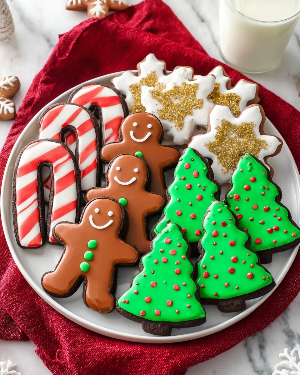 A round white tray holds an assortment of decorated chocolate cookies, arranged in three groups. On the left are five candy cane-shaped cookies with white and red icing in alternating stripes. In the center are five gingerbread man-shaped cookies with smooth brown icing bodies, white smiling faces, and green icing buttons down their middle. On the right are six Christmas tree-shaped cookies covered with bright green icing and topped with multicolored round sprinkles, and a few snowflake-shaped cookies with white icing and golden sugar decorations peek from behind. The tray rests on a folded red cloth over a white marbled surface, and a glass of milk stands in the background. Photo taken with an iphone --ar 4:5 --v 7