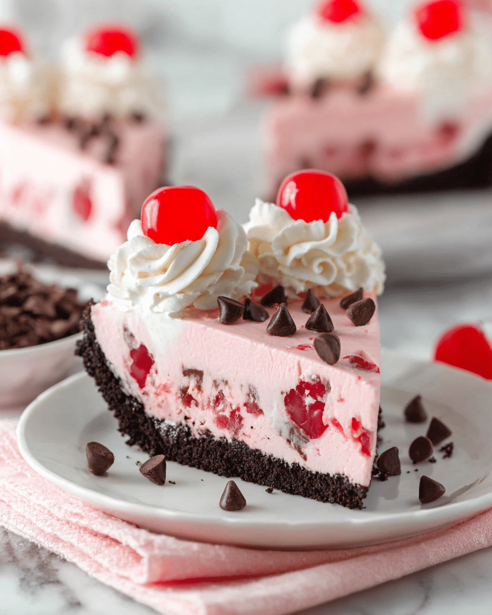 A close-up of a slice of layered cherry dessert on a white plate, resting on a pink cloth over a white marbled surface. The dessert has three layers: a dark crumbly chocolate crust at the bottom, a thick light pink creamy middle layer with chunks of red cherries and small chocolate pieces mixed inside, topped by a smooth light pink layer. On top, there are two big swirls of white whipped cream, each decorated with a bright red cherry and small dark chocolate chips scattered over the whipped cream and plate. In the background, more slices of the same dessert and a small bowl of crushed chocolate are slightly blurred. Photo taken with an iphone --ar 4:5 --v 7