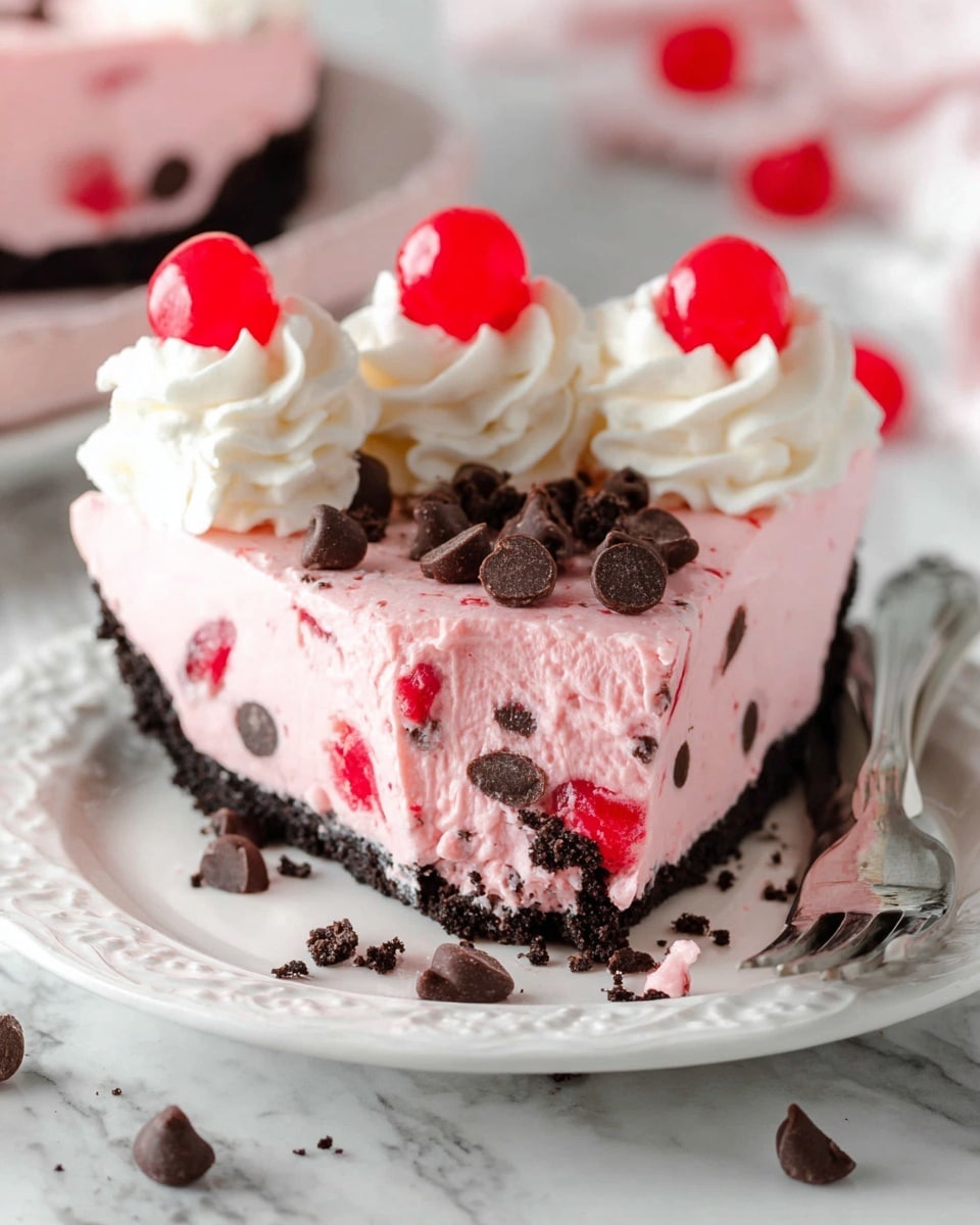 A slice of pink creamy cake with two main layers sits on a white plate with a decorative edge. The bottom layer is a dark, crumbly cookie crust. The thicker top pink layer is smooth and filled with small dark chocolate chips and bright red cherry pieces. On top of the cake, there are three swirls of white whipped cream, each topped with a bright red cherry and a few dark chocolate chips scattered around. A piece of the cake has been cut and sits on a fork to the right, showing the layers clearly. The setting has a white marbled texture surface, with some loose chocolate chips and cherries around the plate. Photo taken with an iphone --ar 4:5 --v 7