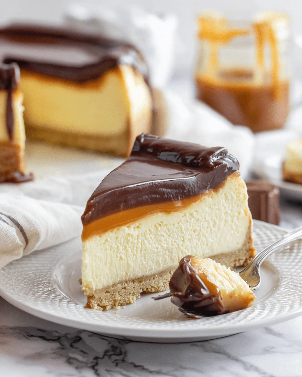 A close-up of a slice of cheesecake with three layers: the bottom layer is a light tan crust with a crumbly texture, the middle layer is thick and creamy pale yellow cheesecake, and the top layer is a shiny, smooth dark brown chocolate ganache with a dab of caramel dripping slightly over the edge. The slice sits on a white plate with a patterned edge and a silver fork holding a small piece of the cheesecake with caramel close by. In the blurred background, there is another slice of the same cheesecake and a glass jar with caramel sauce. The scene is set on a white marbled surface. Photo taken with an iphone --ar 4:5 --v 7