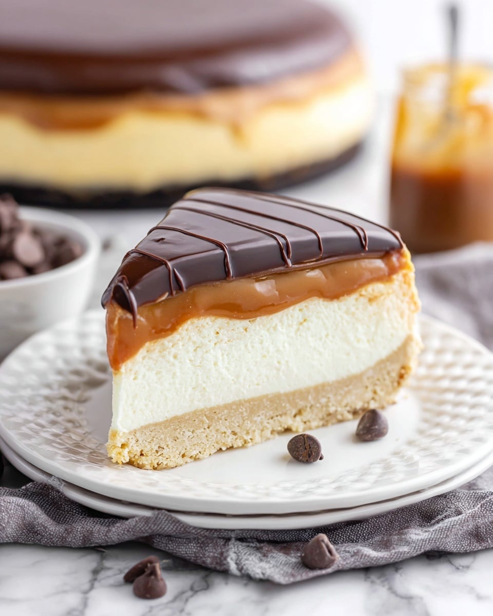 A close-up of a slice of cheesecake with three clear layers: the bottom layer is a light tan crumbly crust, the middle layer is a thick and creamy white filling with a smooth texture, and the top layer is a rich, glossy caramel topped by a smooth, shiny dark chocolate coating with subtle diagonal ridges, all on a white plate with textured edges, set on a white marbled surface with a gray cloth underneath and chocolate chips scattered around. In the background, part of a whole cheesecake with the same layers is slightly out of focus, along with a small jar of caramel and a bowl of chocolate chips. Photo taken with an iphone --ar 4:5 --v 7