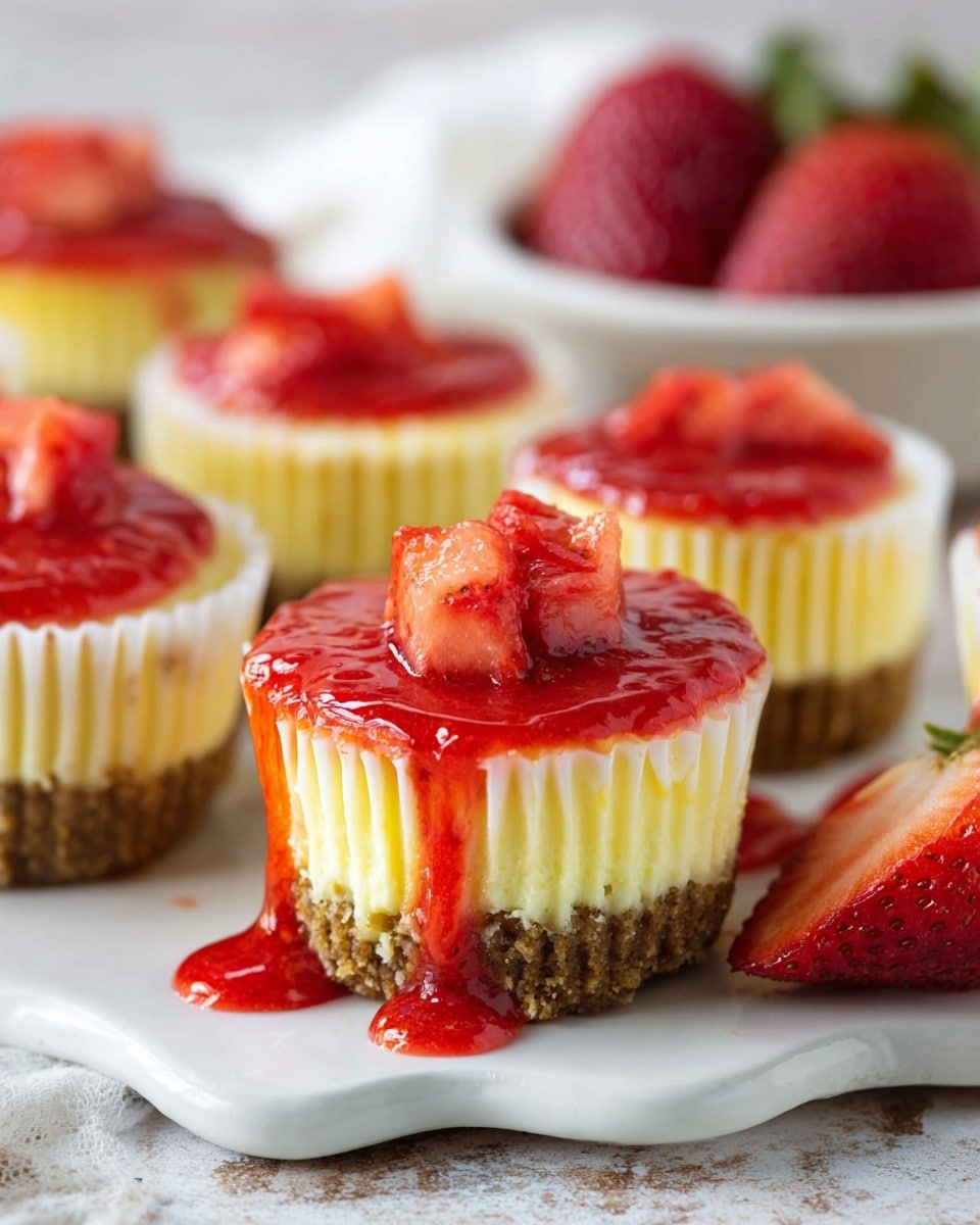 The image shows a close-up of several mini cheesecakes in white cupcake liners, each with three layers: a crumbly brown crust at the bottom, a thick creamy yellow middle layer, and a shiny red strawberry topping with small chunks of strawberries on top. One cheesecake in the front displays red strawberry sauce dripping down its side. The cheesecakes sit closely together on a white scalloped plate, placed on a textured white marbled surface with fresh halved strawberries nearby. The background is softly blurred, highlighting the cheesecakes in the foreground. photo taken with an iphone --ar 4:5 --v 7