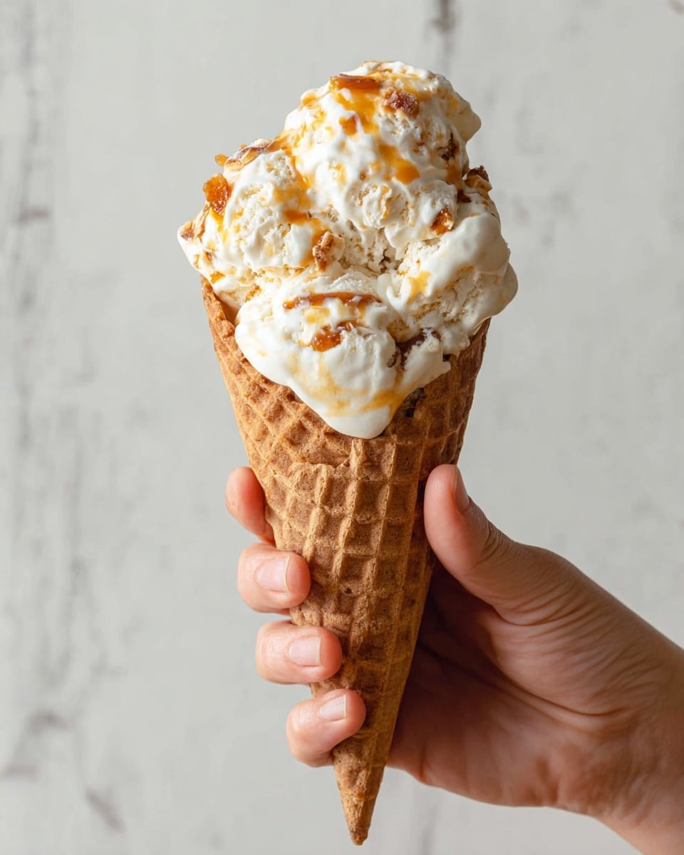 A woman's hand holds a waffle cone filled with three scoops of ice cream with a creamy white base. The ice cream has visible chunks and swirls of caramel or butterscotch mixed throughout, creating patches of light brown and golden orange spots. The cone is light brown with a classic grid pattern, and the image is set against a simple, white marbled background. photo taken with an iphone --ar 4:5 --v 7