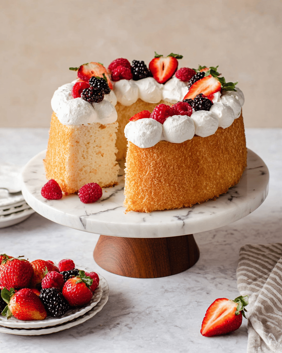 A tall round cake with a light brown, fluffy texture stands on a white marble cake stand with a wooden base. The cake has one thick layer and is topped with a thick ring of white whipped cream piped in rounded dollops. On top of the whipped cream, there are fresh berries including whole strawberries, some cut in half, blackberries, and raspberries, arranged evenly around the circle. Two berries rest at the front of the cake stand. Next to the cake, there is a white plate filled with whole strawberries on a white marbled surface. Photo taken with an iphone --ar 4:5 --v 7