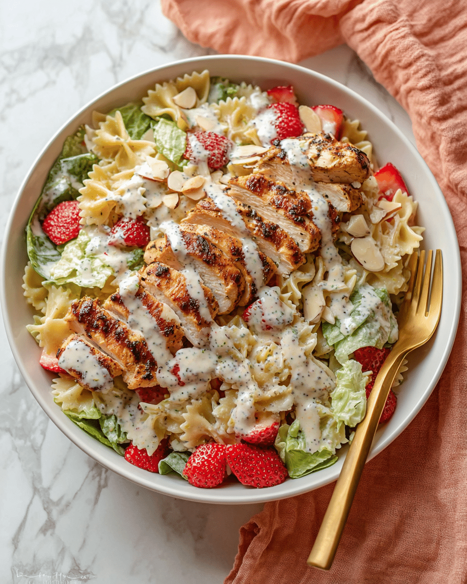 A white bowl filled with a colorful layered salad featuring farfalle pasta mixed with green lettuce and bright red strawberry slices, all coated in a creamy white dressing speckled with poppy seeds. On top, there are three rows of grilled chicken breast slices with a golden brown sear, also drizzled with the creamy dressing. The salad has small bits of white cheese and light-brown almond slices scattered throughout. A gold fork rests inside the bowl on the right side, against a white marbled surface with a soft peach fabric nearby. Photo taken with an iphone --ar 4:5 --v 7