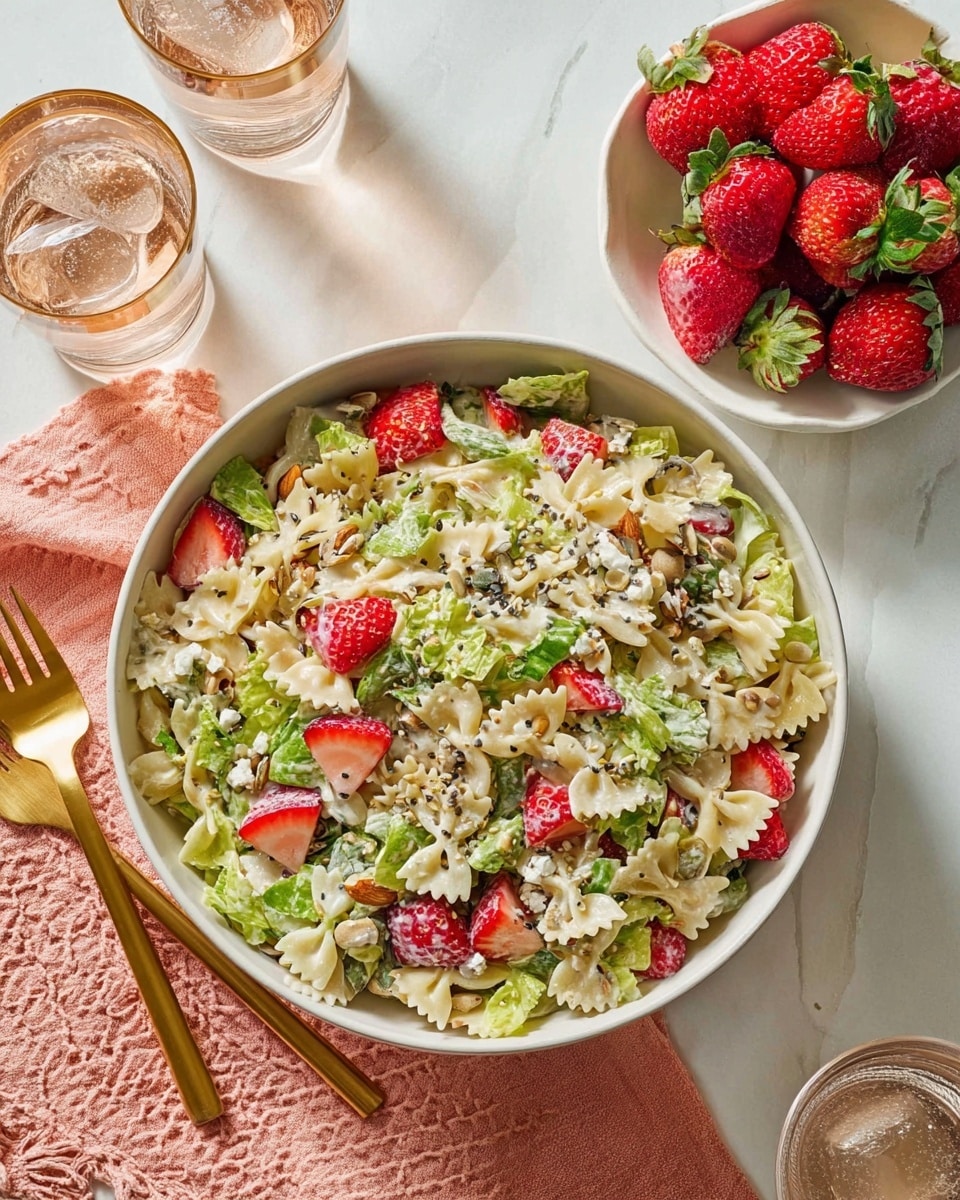 A white bowl filled with pasta salad shows layers of small bowtie pasta in a light creamy dressing, mixed evenly with fresh green lettuce pieces, sliced red strawberries, and small white cheese crumbles. There are thin light brown almond slices and black poppy seeds sprinkled on top, adding texture and contrast. Next to the bowl, a smaller white bowl holds whole fresh strawberries. A soft peach cloth is placed underneath with a gold spoon and fork resting on it. Two clear glasses with ice cubes and bubbly water and a small glass of creamy dressing are on a white marbled surface. photo taken with an iphone --ar 4:5 --v 7