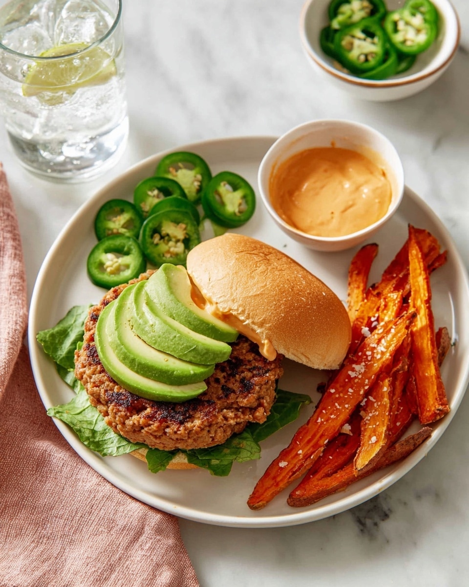 A white plate sits on a white marbled surface, holding a deconstructed sandwich and sides. On the bottom half of a soft round bun, there is a layer of green lettuce, topped with a thick, browned cooked patty with a slightly rough texture. The top half of the bun is spread with creamy orange sauce and layered with three slices of light green avocado arranged neatly. To the right side of the plate, there are orange sweet potato fries sprinkled with coarse salt. On the left side next to the sandwich, there are three green jalapeño slices with visible seeds. A glass of ice water and a small white bowl of more orange sauce are visible above the plate, with a soft pink cloth on the left side. Photo taken with an iphone --ar 4:5 --v 7