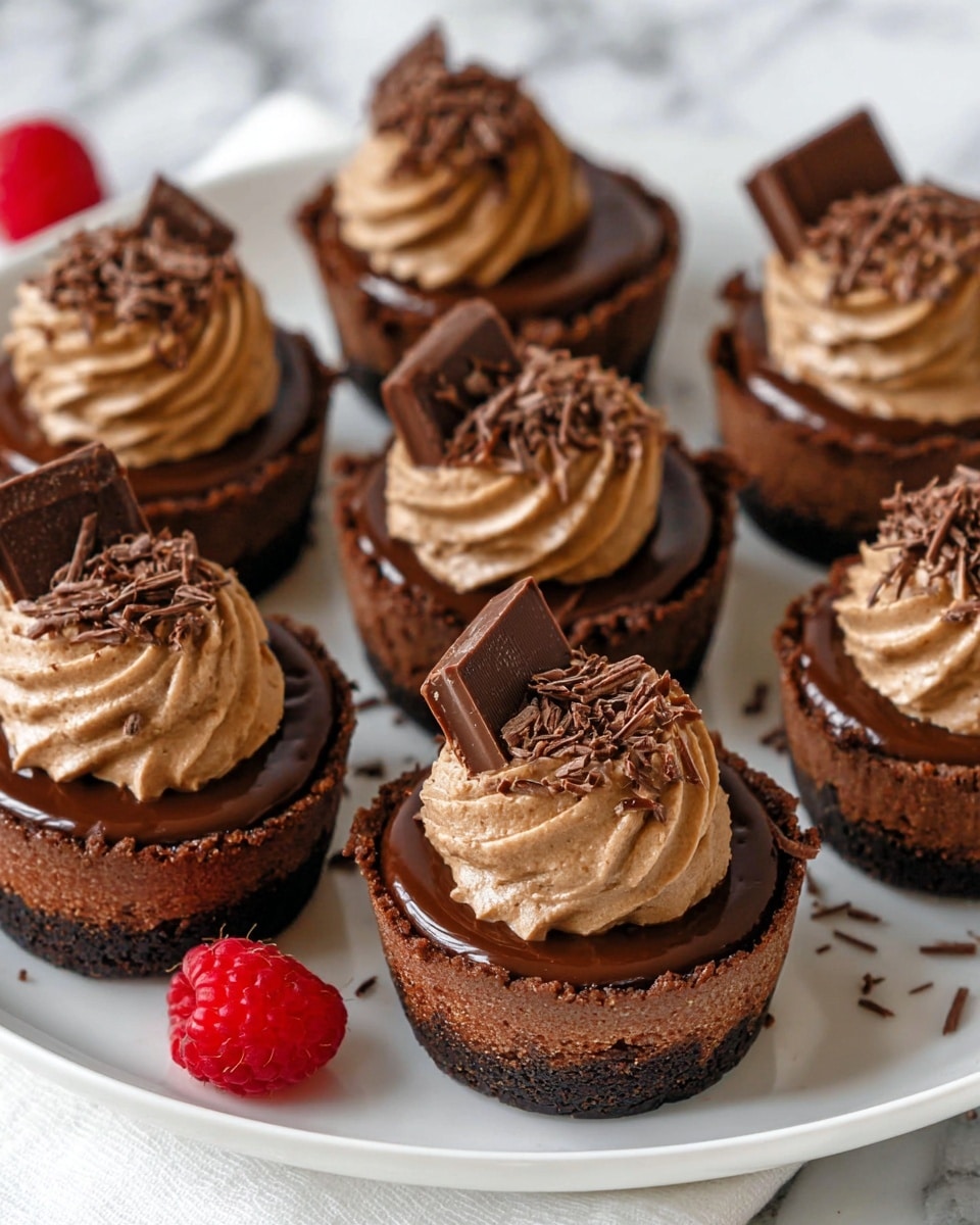 The image shows six mini chocolate tarts on a white plate with a white marbled surface underneath. Each tart has three visible layers: a dark chocolate crust forming the base, a smooth glossy dark chocolate ganache in the middle, and a thick swirl of light brown chocolate cream on top. Some tarts are garnished with small chocolate shavings sprinkled over the cream, while two tarts have a rectangular piece of chocolate inserted into the cream. There is a single red raspberry on the plate near the tarts, adding a pop of color. Photo taken with an iphone --ar 4:5 --v 7