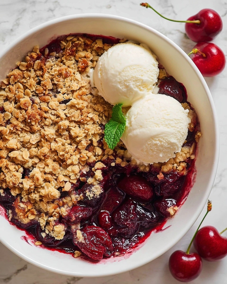 A white bowl filled with cherry crumble dessert showing three layers: the bottom layer is deep red cherry filling with whole cherries visible, the middle layer is a golden brown crumbly oat topping spread unevenly, and the top layer has three scoops of off-white vanilla ice cream placed on one side. A small green mint leaf rests near the ice cream, adding a touch of color contrast. The dessert is set on a white marbled surface, with two fresh cherries with stems near the bowl. Photo taken with an iphone --ar 4:5 --v 7