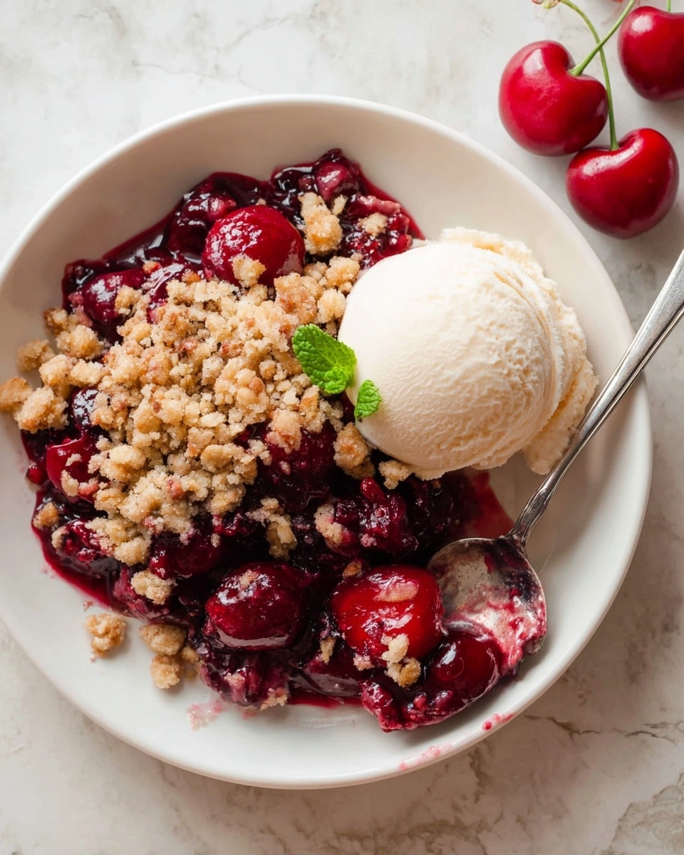 A white bowl filled with a cherry dessert with three main layers: the bottom layer is a deep red, glossy cherry compote with whole cherries visible, topped by a crumbly layer of golden brown oat and sugar streusel with a crunchy texture, and finally a scoop of smooth, creamy vanilla ice cream placed on one side, slightly melting and blending into the cherry layers. A small green mint leaf sits near the ice cream, adding a touch of color. Next to the bowl is a silver spoon partially covered with some of the cherry crumble. The bowl rests on a white marbled surface with two fresh cherries with green stems placed above it. photo taken with an iphone --ar 4:5 --v 7