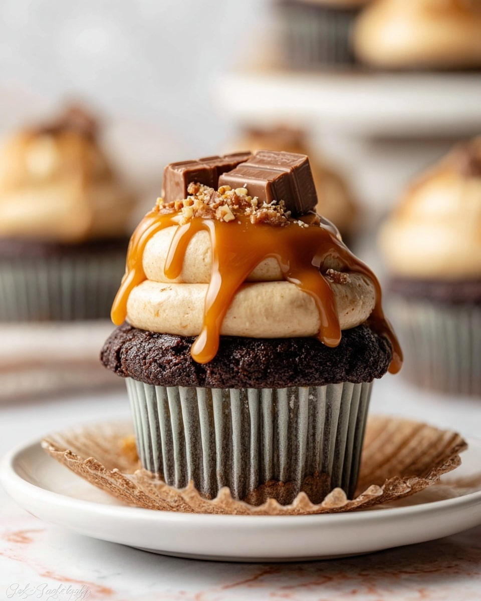 The image shows a close-up of a chocolate cupcake with three main layers. The bottom layer is a dark brown chocolate cake, wrapped in a ridged gray and white baking cup. On top of the cake is a smooth, light brown frosting dome. Drizzled over the frosting is a shiny caramel sauce dripping down the sides. Small pieces of a candy bar with chocolate and nuts sit on top of the caramel, adding texture. The cupcake sits on a white plate with a light brown, slightly scalloped edge, all placed on a white marbled surface. In the background, there are blurred cupcakes that look similar. Photo taken with an iphone --ar 4:5 --v 7
