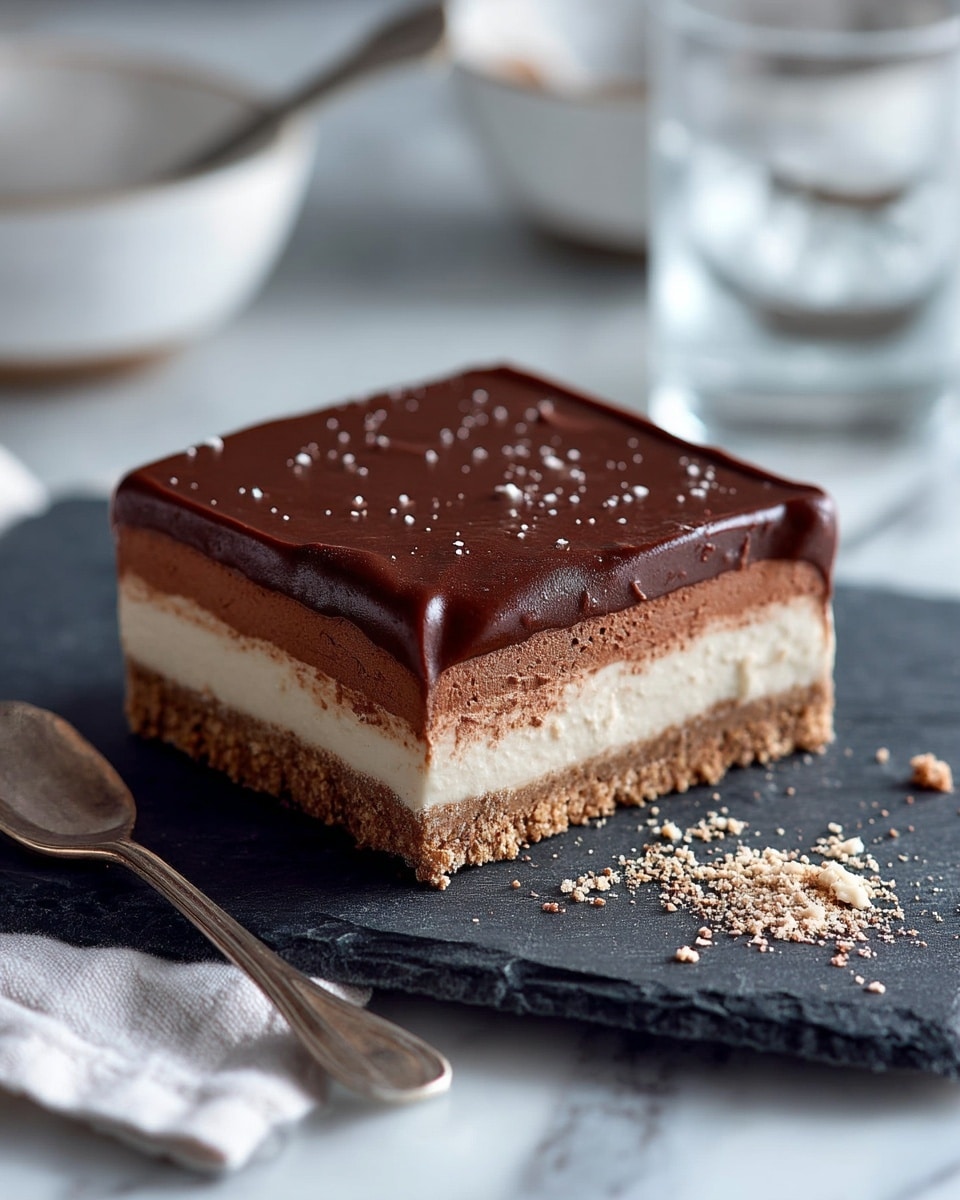 A square dessert bar with three layers sits on a dark slate slab on a white marbled textured surface. The bottom layer is a light brown crust, rough in texture, followed by a thick, creamy beige middle layer that looks smooth and soft. The top layer is a glossy, thick dark chocolate spread with visible small air holes and a slightly uneven surface. Some crumbs and a small smudge of chocolate are scattered on the slate near the dessert. A silver fork and a white cloth are casually placed next to the slab, with a blurred white bowl with a spoon and a clear glass of water in the background. Photo taken with an iphone --ar 4:5 --v 7