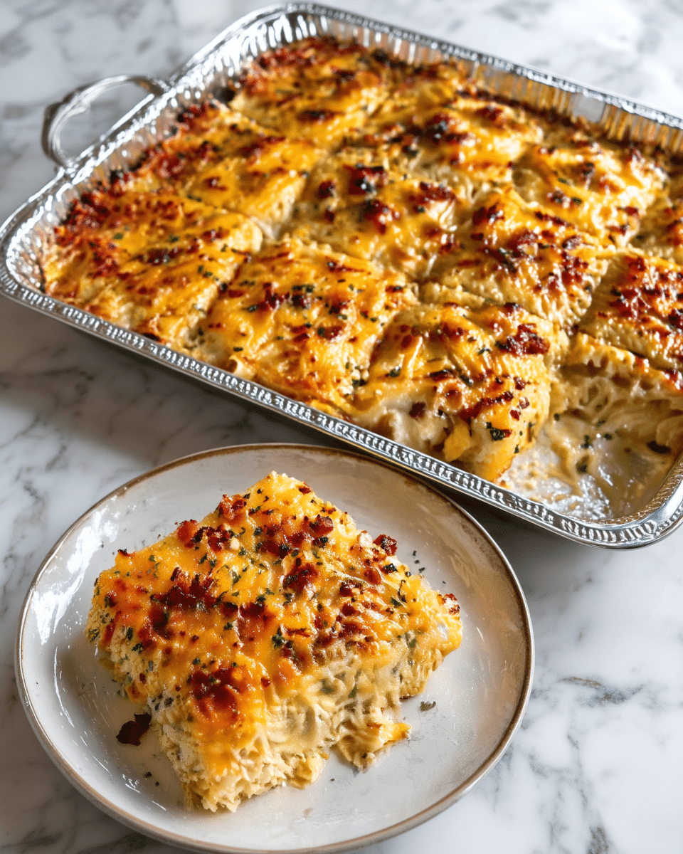 A large silver tray filled with a baked casserole cut into nine square pieces, each topped with golden melted cheese and small brown crispy bits, sprinkled with green herbs. One square piece is served on a white round plate in front, showing layers of baked pasta mixed with a creamy sauce and bits of meat, covered with a bubbly cheese top browned at spots, also garnished lightly with green herbs. The setting is on a white marbled surface. photo taken with an iphone --ar 4:5 --v 7