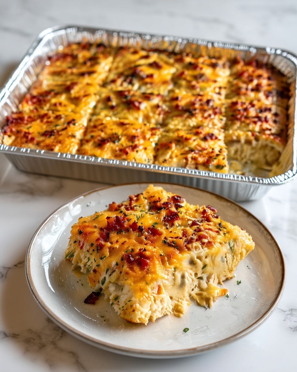 A square piece of creamy baked casserole sits on a white plate with a thin brown rim, showing a golden-brown top layer speckled with small bits of crispy bacon and chopped green herbs. The casserole is soft and textured inside, revealing layers of lightly baked creamy filling and cheese. Behind it, a rectangular foil pan holds the rest of the casserole, cut into nine even square pieces, each with the same golden, slightly crispy top covered in melted cheese, bacon bits, and green herbs. The setup is on a white marbled surface. Photo taken with an iphone --ar 4:5 --v 7