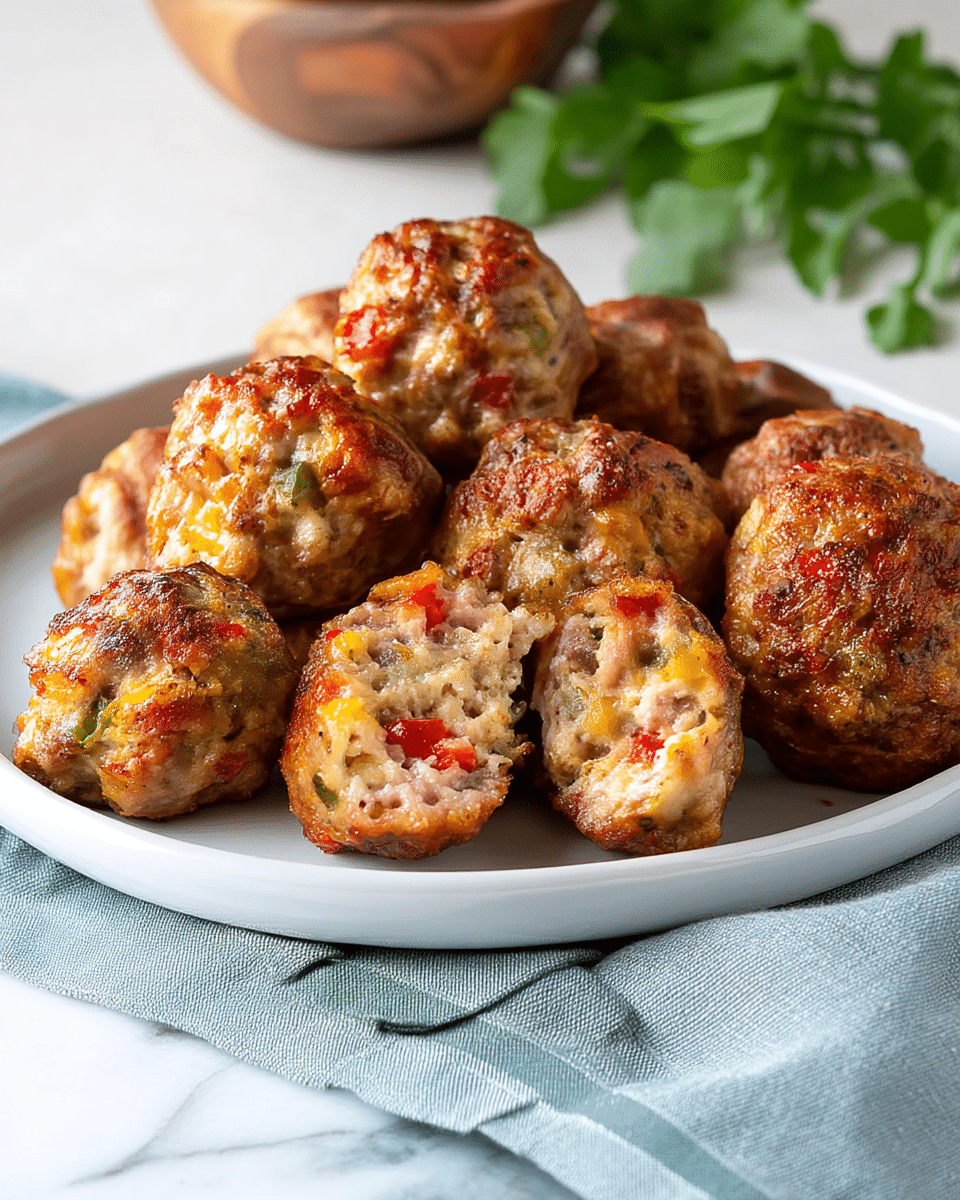 A white round plate filled with about ten golden-brown meatballs, each textured with a slightly crispy and browned exterior that shows bits of red and green peppers inside. Two meatballs at the front are cut in half, revealing a soft, moist inside with visible pieces of yellow, red, and green peppers mixed with the meat. The plate rests on a light blue cloth napkin, and the background is a white marbled texture with a blurred wooden bowl and green herbs in the distance. Photo taken with an iphone --ar 4:5 --v 7