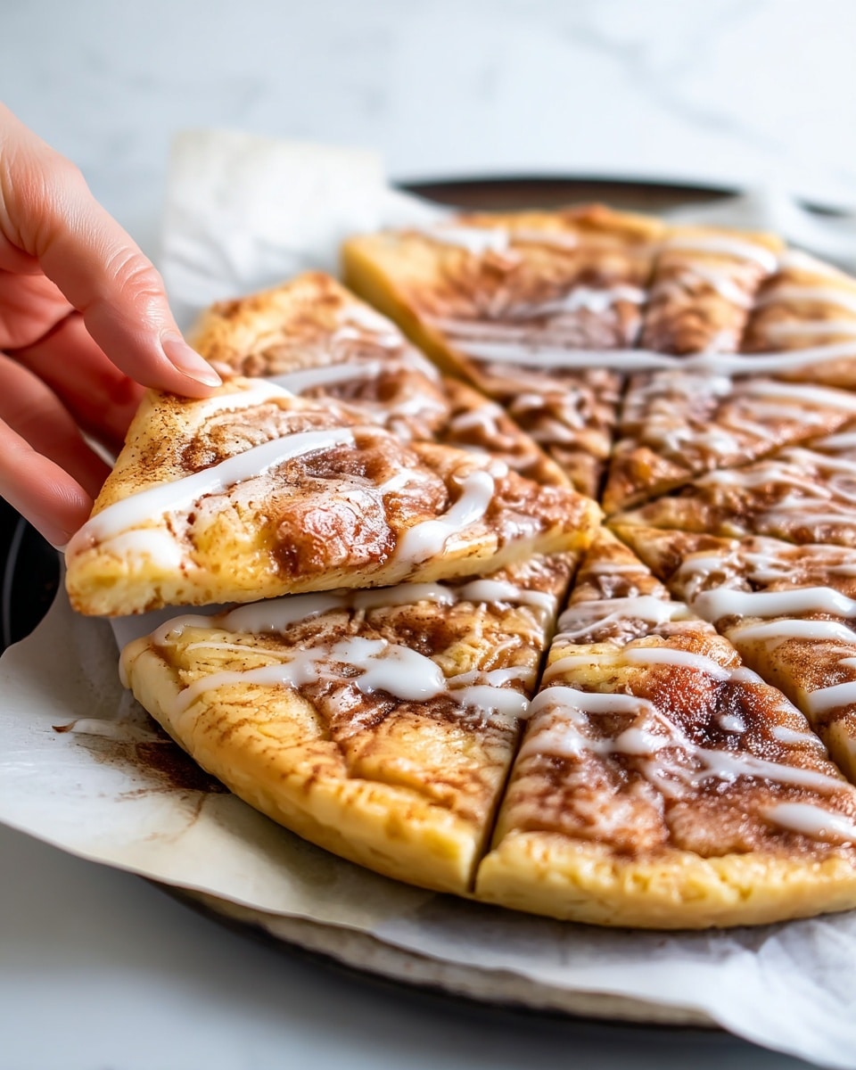 A close-up of a round dessert cut into eight slices on white parchment paper, placed on a dark tray. The crust is golden and thick with a slightly soft texture. The top layer is covered with a thin spread of cinnamon and sugar, creating a textured brown pattern. White icing is drizzled over each slice in diagonal lines. A woman's hand is lifting one slice from the tray, showing the soft inner dough beneath the topping. The background is a soft white marbled texture. photo taken with an iphone --ar 4:5 --v 7