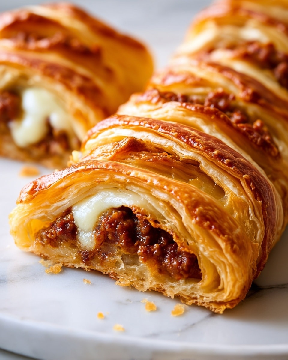 A close-up view of a golden brown puff pastry with multiple flaky layers twisting over a filling made of rich, dark brown cooked meat and melted white cheese peeking through. The pastry is placed on a white plate with a few crumbs scattered around it. The texture of the pastry looks crisp and airy, showing delicate layers that are slightly shiny from baking. The filling appears moist and savory, nestled inside the folds of the pastry. The background surface is a white marbled texture. photo taken with an iphone --ar 4:5 --v 7