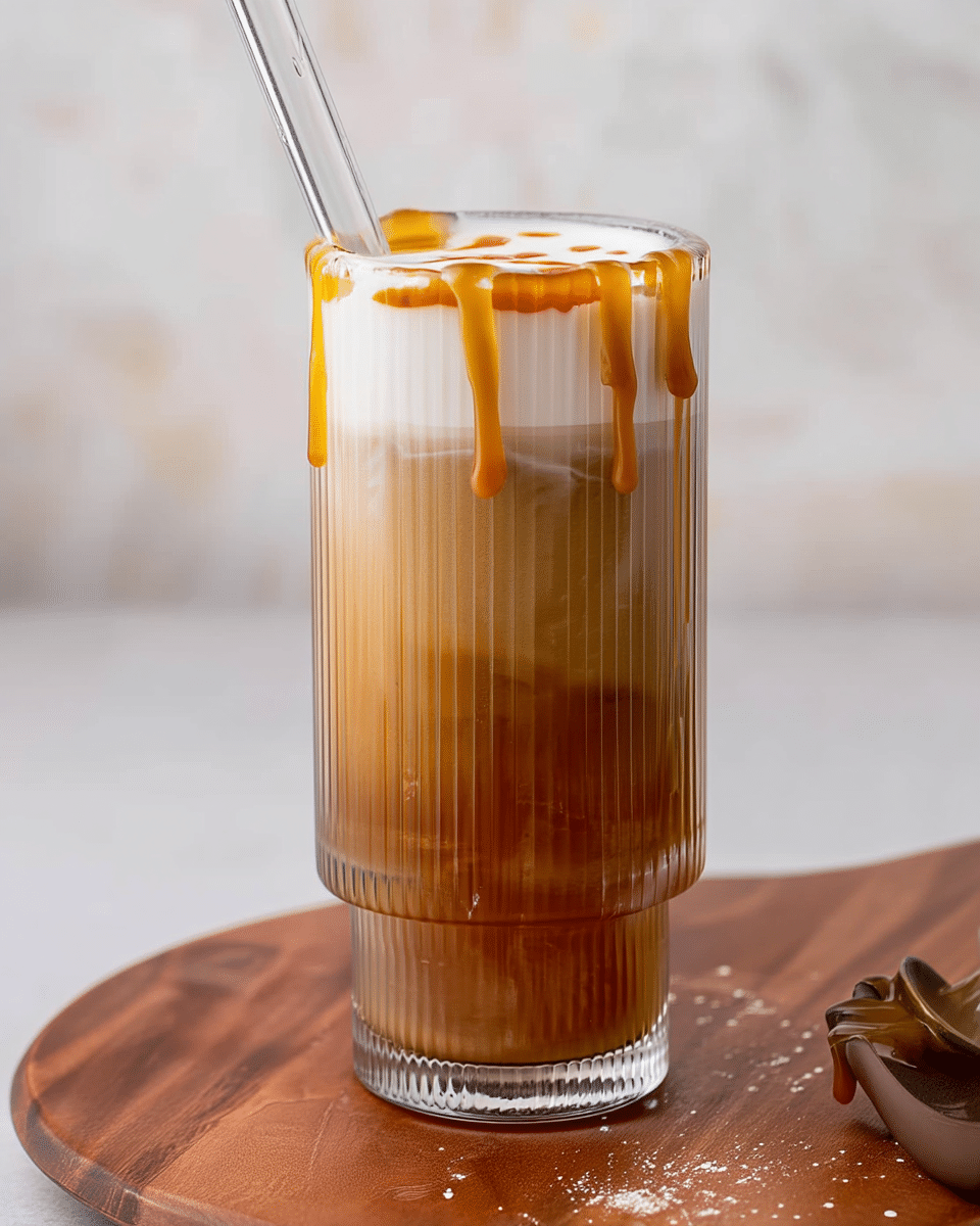 A close-up view of a tall glass filled with an iced caramel coffee drink showing three main layers: the bottom layer is a smooth, white milk base, the middle layer shows a mix of brown coffee blending into the milk with a cloudy texture, and the top layer is a darker brown iced coffee packed with ice cubes. Caramel sauce drips down the sides of the glass, adding a shiny golden-brown contrast against the drink. The glass is set against a white marbled surface with a blurred gray background. Photo taken with an iphone --ar 4:5 --v 7