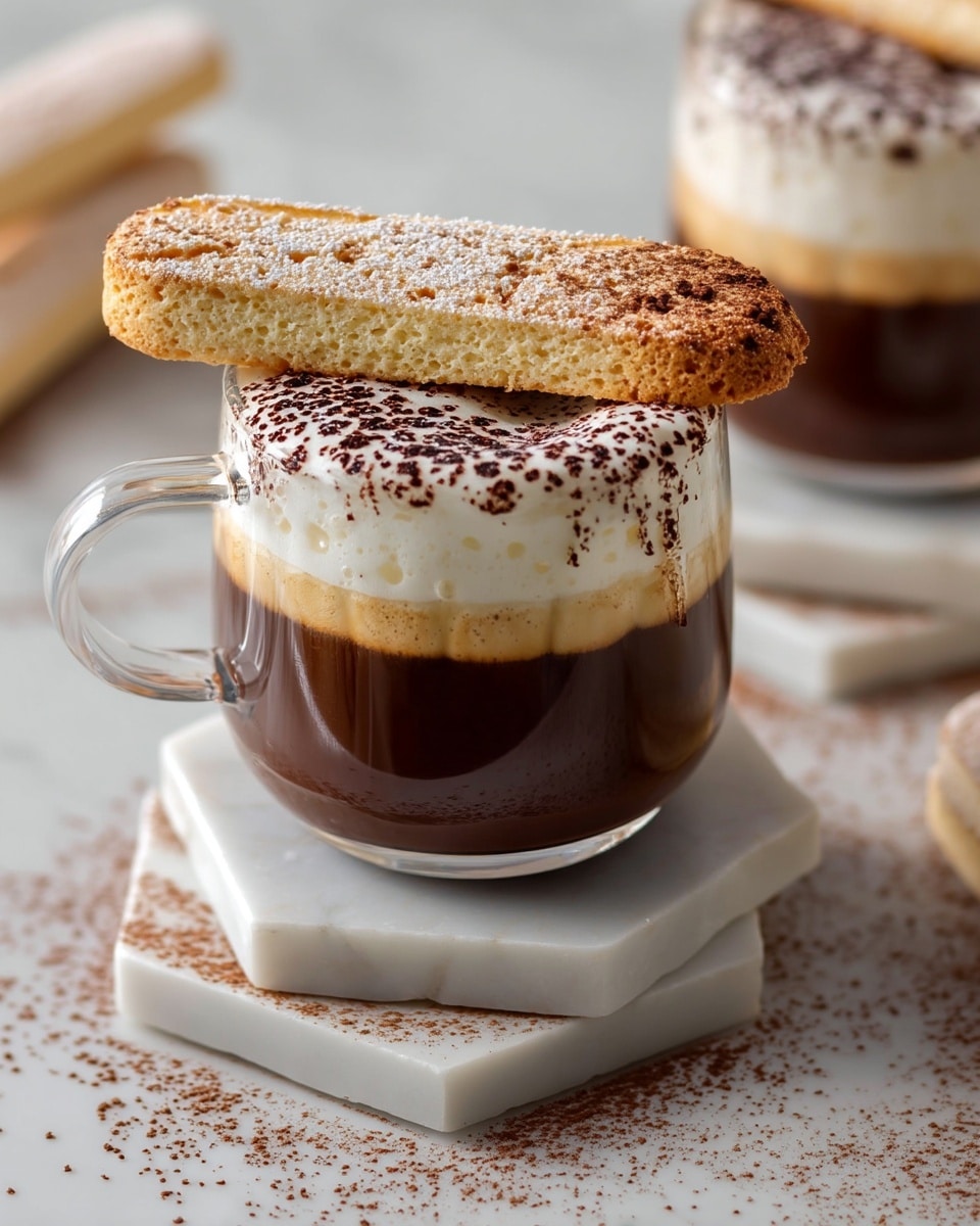 A clear glass cup filled with three visible layers: the bottom layer is dark brown coffee, the middle layer is a beige coffee foam, and the top layer is thick white cream sprinkled with dark brown cocoa powder. A light tan ladyfinger biscuit, dusted lightly with powdered sugar and cocoa powder, is placed diagonally, partially dipped into the cream layer. The cup sits on a stack of white marble hexagonal coasters, with cocoa powder scattered around on the white marbled surface. In the background, a second glass cup with the same drink is slightly out of focus. Photo taken with an iphone --ar 4:5 --v 7