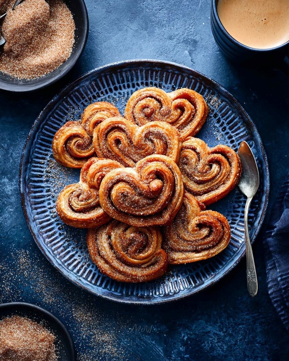A deeply patterned dark blue plate holds a neat pile of golden-brown cinnamon swirl pastries, each shaped like a heart with visible layers of flaky pastry and cinnamon sugar coating. The cinnamon filling creates textured spiral stripes inside every pastry, with a sugar sprinkling glistening on top. The plate sits on a dark blue surface with a small black bowl filled with cinnamon sugar on the left, its rim slightly dusted. On the right edge of the plate, a silver spoon rests partially under the pastries. In the top right corner, the edge of a cup of frothy light brown coffee is visible. photo taken with an iphone --ar 4:5 --v 7