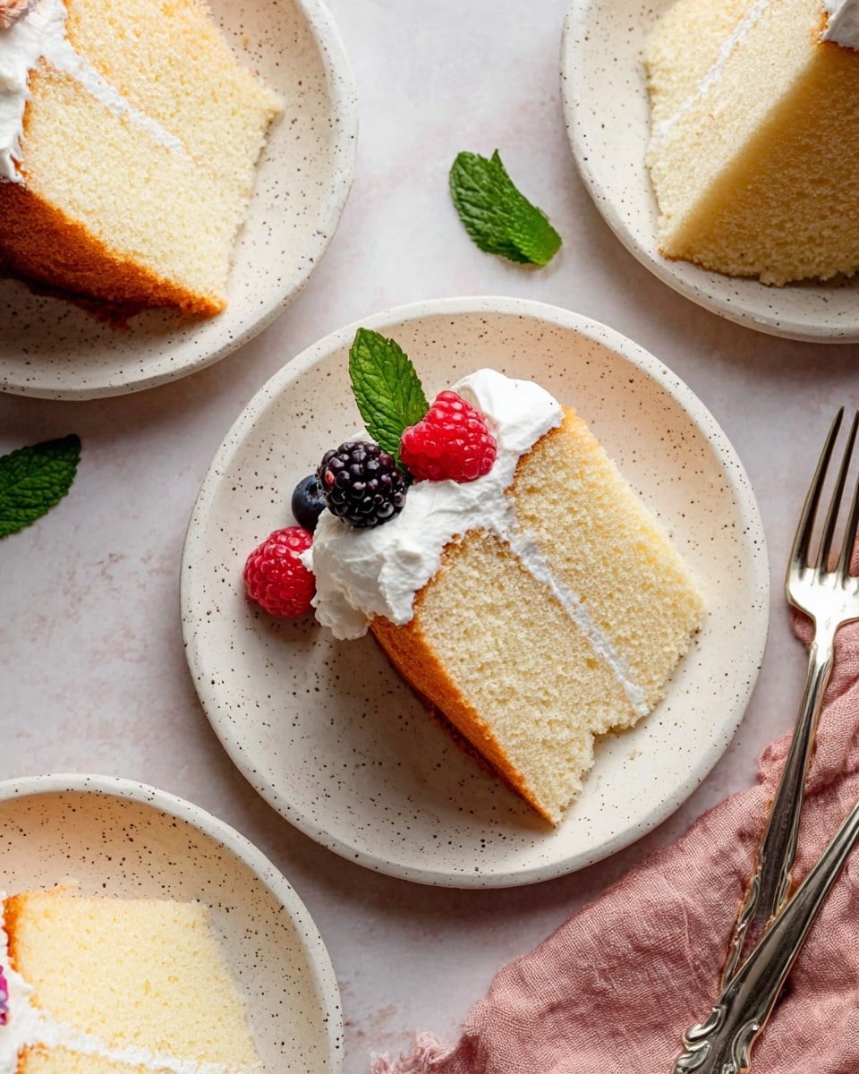 The image shows several slices of light yellow sponge cake with a soft, airy texture, served on white speckled plates. Each slice has one thick layer of cake with a golden-brown crust on the side. On top of the cake slice is a fluffy white whipped cream layer, decorated with one bright red raspberry, one dark blackberry, and a small green mint leaf. The plates are placed on a white marbled textured surface, and there are two silver forks resting on a pink cloth napkin near the bottom right corner. Photo taken with an iphone --ar 4:5 --v 7