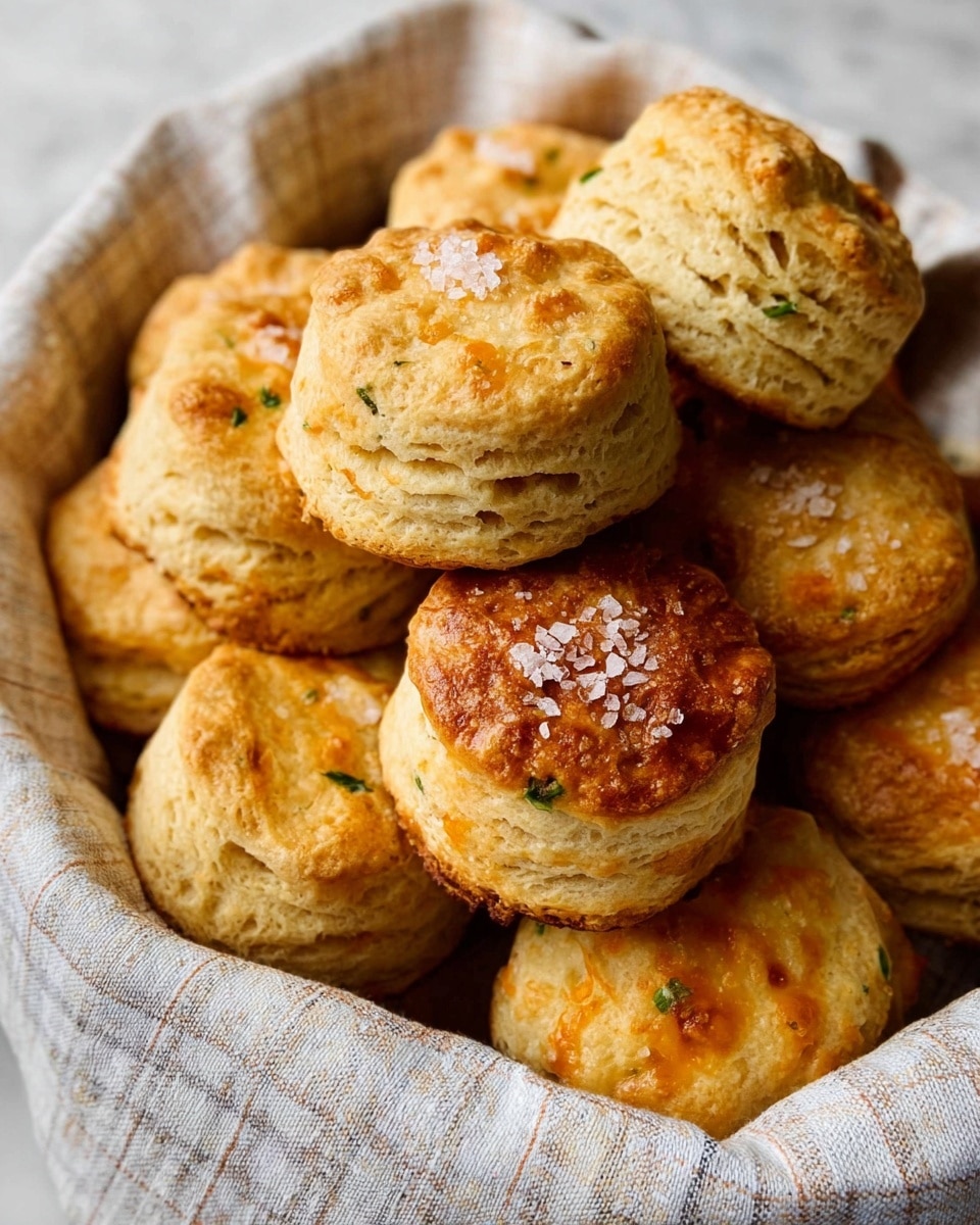 A basket full of golden brown biscuits with a slightly shiny, crispy top sprinkled with coarse salt, showing a soft, layered texture in the middle. Some biscuits have small green and orange bits inside, hinting at added herbs or cheese. They are stacked closely, resting on a cloth with a light checkered pattern. The basket and cloth sit on a white marbled surface that adds a clean, fresh background to the warm tones of the biscuits. photo taken with an iphone --ar 4:5 --v 7