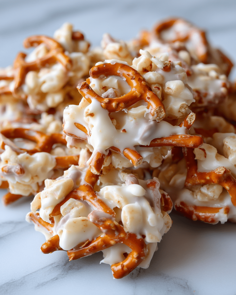 A close-up image shows clusters of creamy white candy made with broken pretzel sticks mixed in. Each cluster has a rough, uneven texture with small, light brown pretzel pieces peeking through the white coating. The candy pieces are piled together on a white marbled surface, creating a casual and homemade feel. photo taken with an iphone --ar 4:5 --v 7