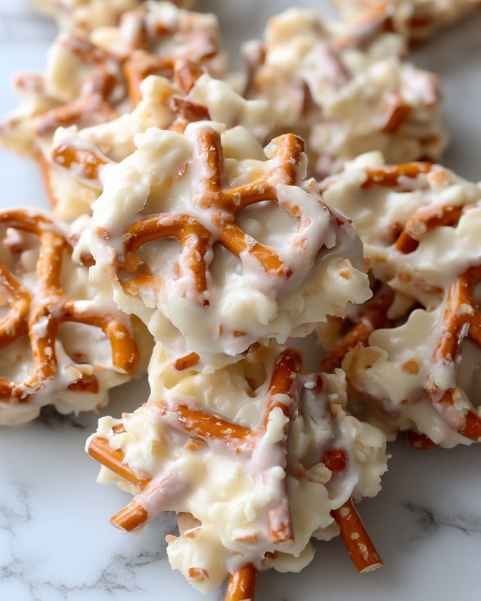 The image shows a close-up of a pile of small clusters made from crunchy pretzel sticks coated in a thick, creamy white layer that looks like white chocolate or yogurt. Each cluster is irregular in shape, with the orange-brown pretzel sticks sticking out from the smooth, white coating. The surface under the clusters is a white marbled texture that contrasts with the light and crunchy appearance of the treat. photo taken with an iphone --ar 4:5 --v 7