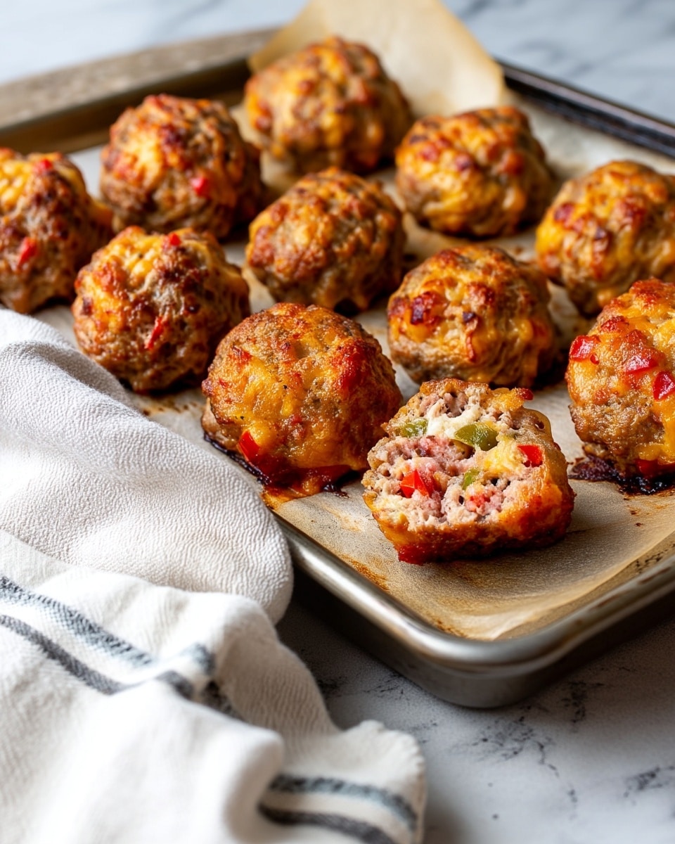 The image shows a baking tray filled with round, golden-brown meatballs that have a slightly crispy and cheesy texture on the outside. One meatball near the front is cut in half, revealing a moist interior with visible small pieces of red and green peppers, as well as melted cheese inside. The tray is lined with lightly browned parchment paper, and a white and gray striped cloth is placed beside the tray on a white marbled surface. The lighting highlights the juicy and textured look of the meatballs, making them appear hot and freshly baked. photo taken with an iphone --ar 4:5 --v 7